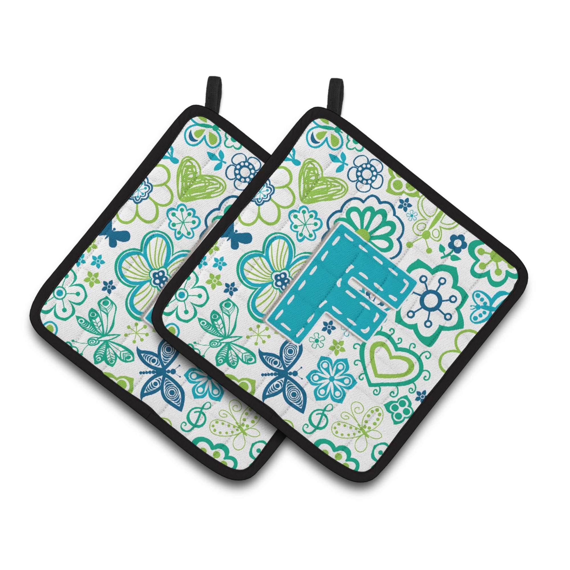 'Caroline'S Treasures Letter F Flowers & Butterflies Teal Blue Pair Of Pot Holders Cj2006-Fpthd, 7.5Hx7.5W, Multicolor''