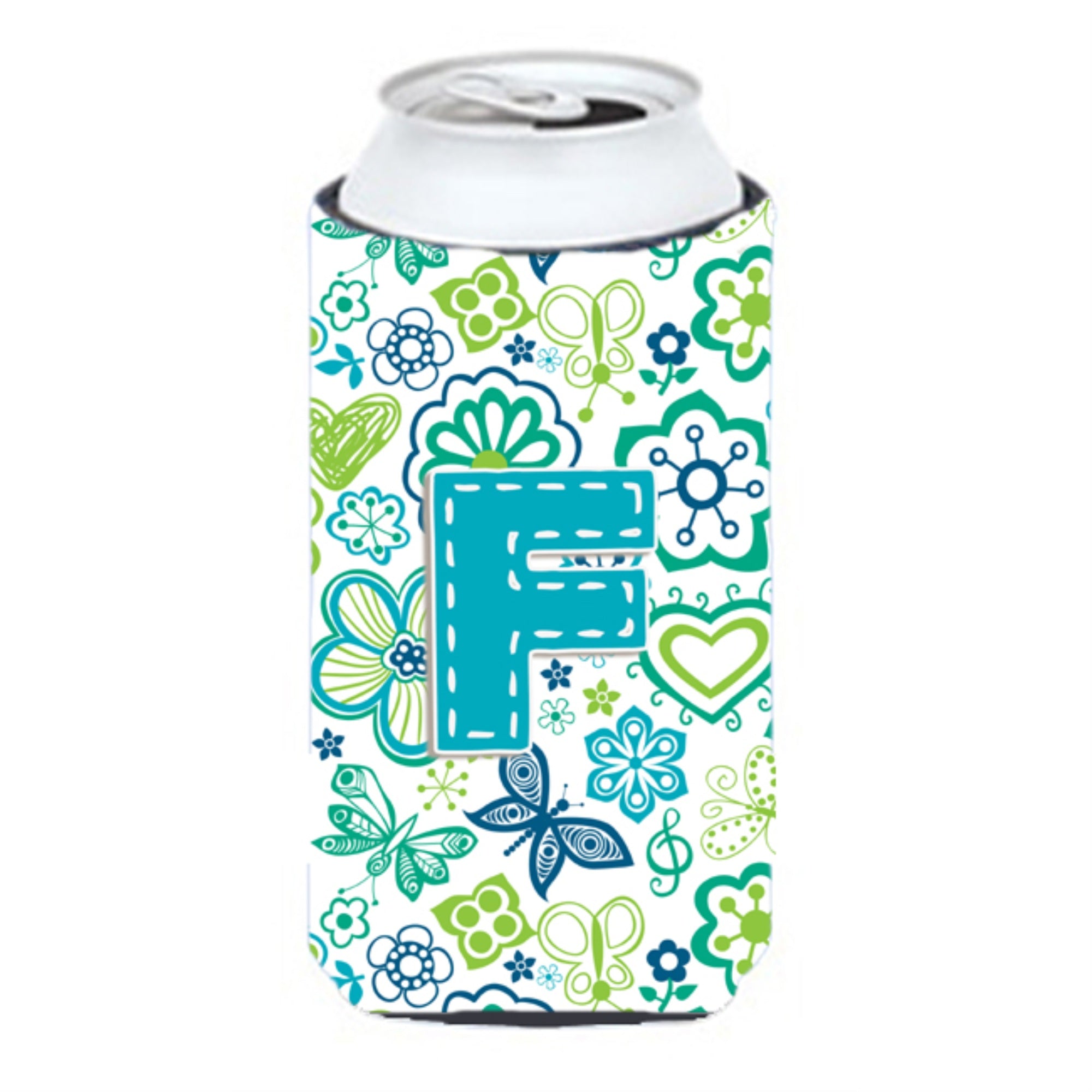 Letter F Flowers And Butterflies Teal Blue Tall Boy Beverage Insulator Hugger Cj2006-Ftbc