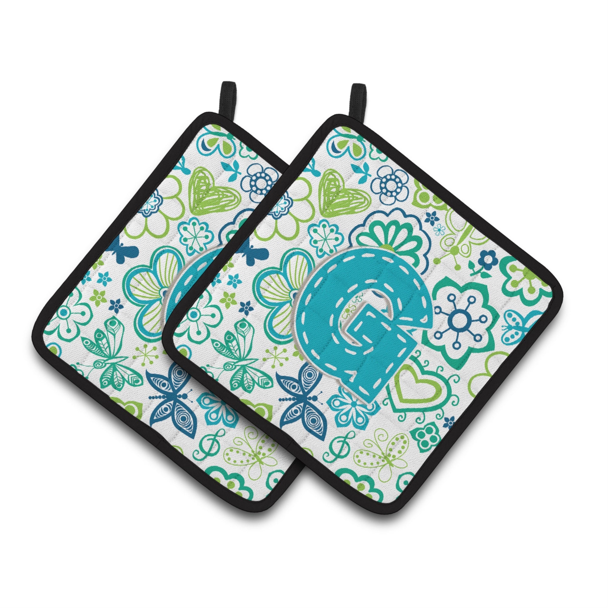 'Caroline'S Treasures Letter G Flowers & Butterflies Teal Blue Pair Of Pot Holders Cj2006-Gpthd, 7.5Hx7.5W, Multicolor''