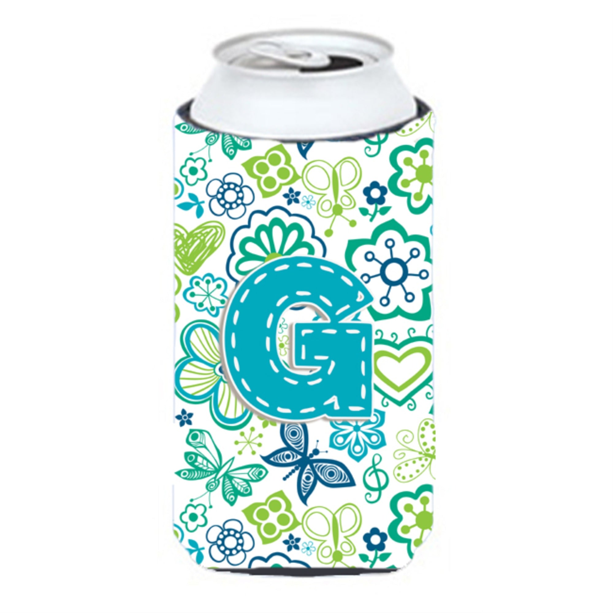 Letter G Flowers And Butterflies Teal Blue Tall Boy Beverage Insulator Hugger Cj2006-Gtbc