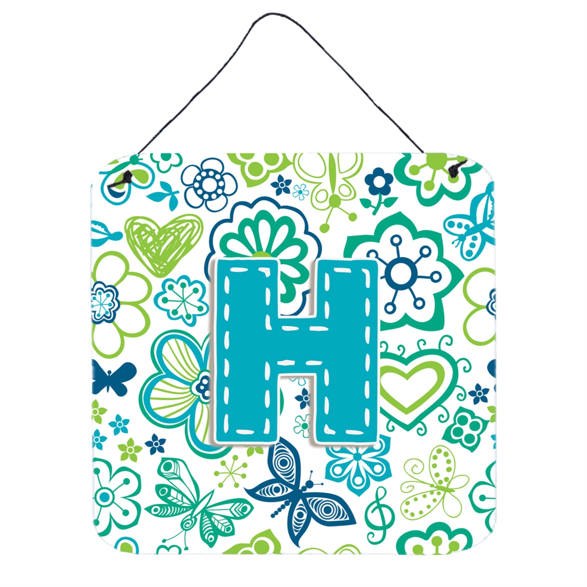 'Caroline'S Treasures Letter H Flowers And Butterflies Teal Blue Wall Or Door Hanging Prints, 6 X 6''''''