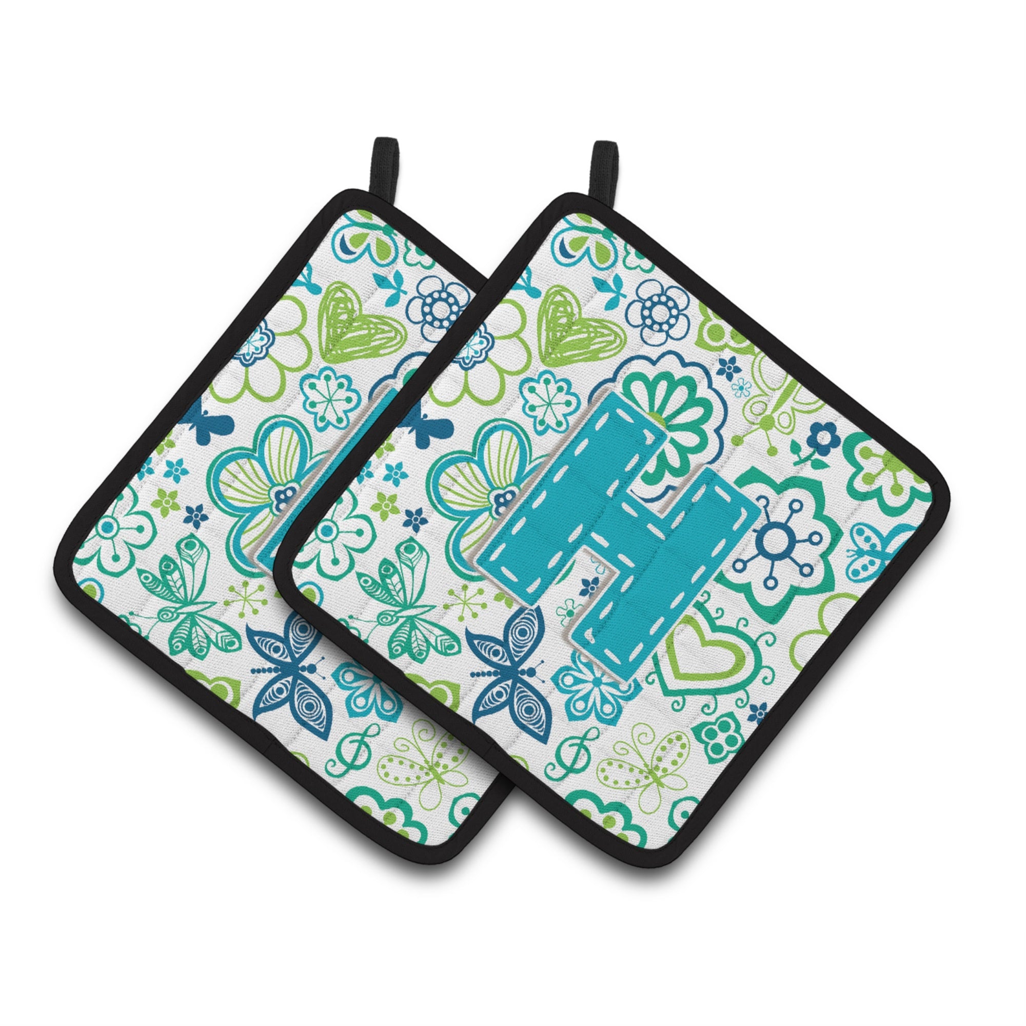 'Caroline'S Treasures Letter H Flowers & Butterflies Teal Blue Pair Of Pot Holders Cj2006-Hpthd, 7.5Hx7.5W, Multicolor''