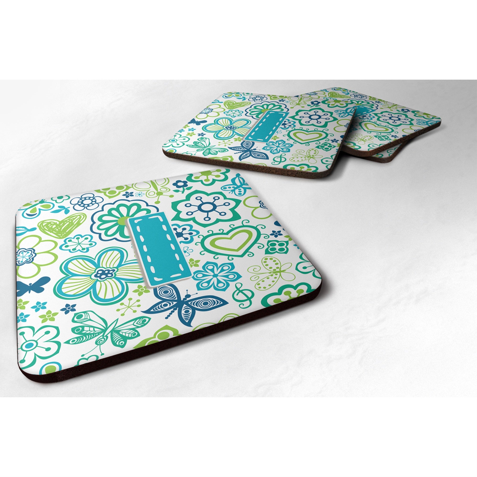 'Caroline'S Treasures Cj2006-Ifc Letter I Flowers And Butterflies Teal Blue Foam Coasters (Set Of 4), 3.5'''', Multicolor''