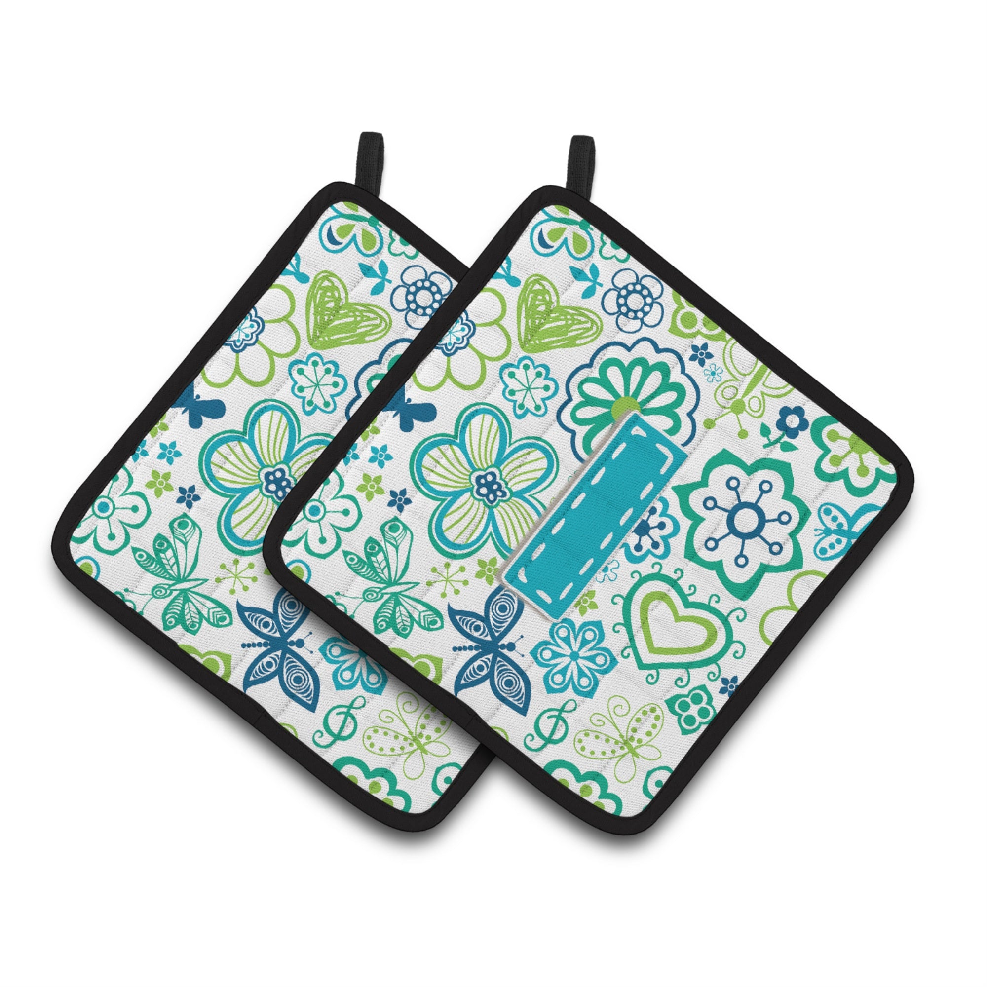 'Caroline'S Treasures Letter I Flowers & Butterflies Teal Blue Pair Of Pot Holders Cj2006-Ipthd, 7.5Hx7.5W, Multicolor''