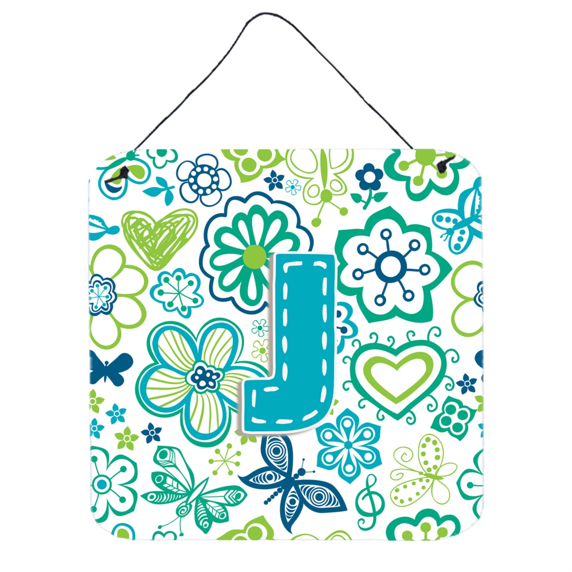 'Caroline'S Treasures Letter J Flowers And Butterflies Teal Blue Wall Or Door Hanging Prints, 6 X 6''''''