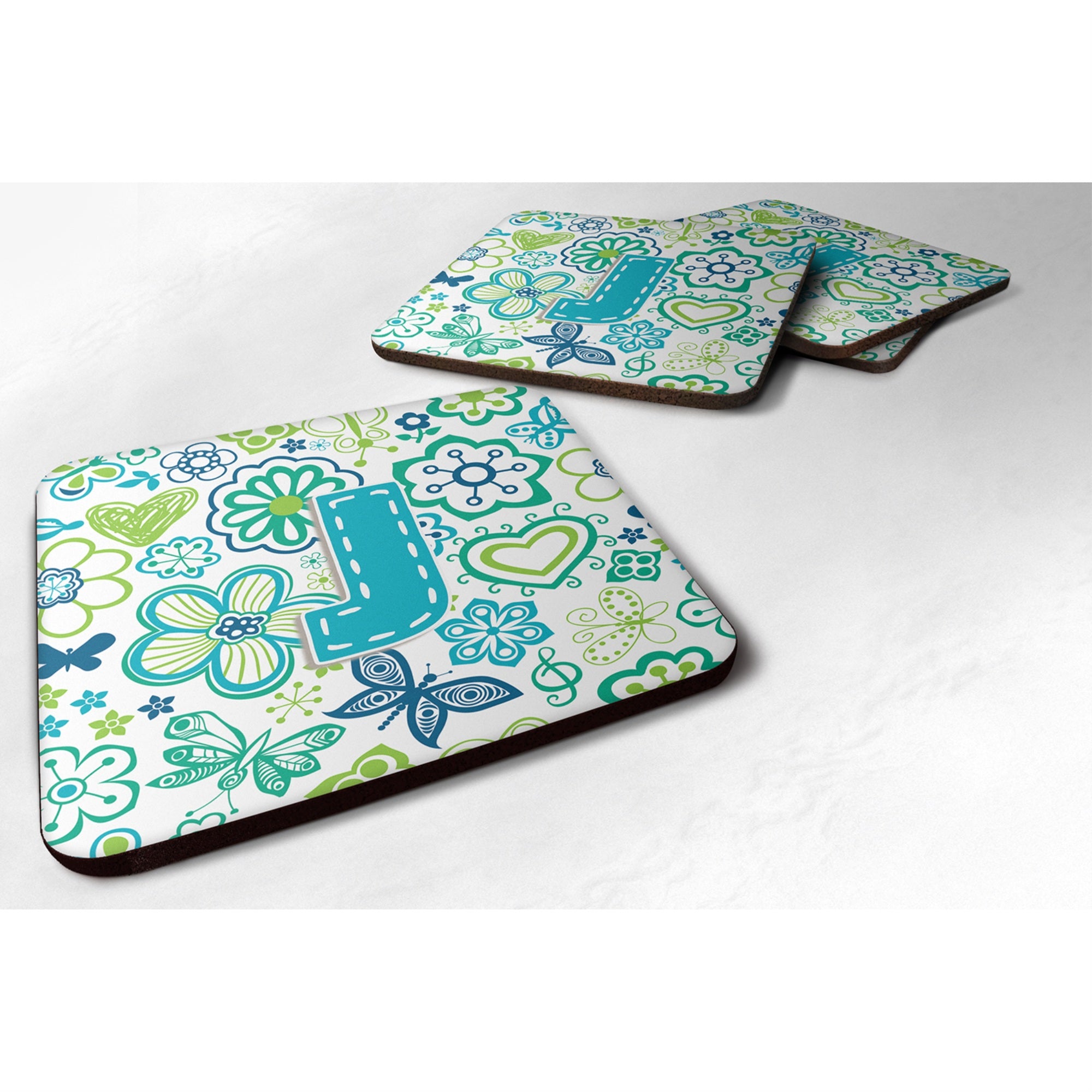 'Caroline'S Treasures Cj2006-Jfc Letter J Flowers And Butterflies Teal Blue Foam Coasters (Set Of 4), 3.5'''', Multicolor''