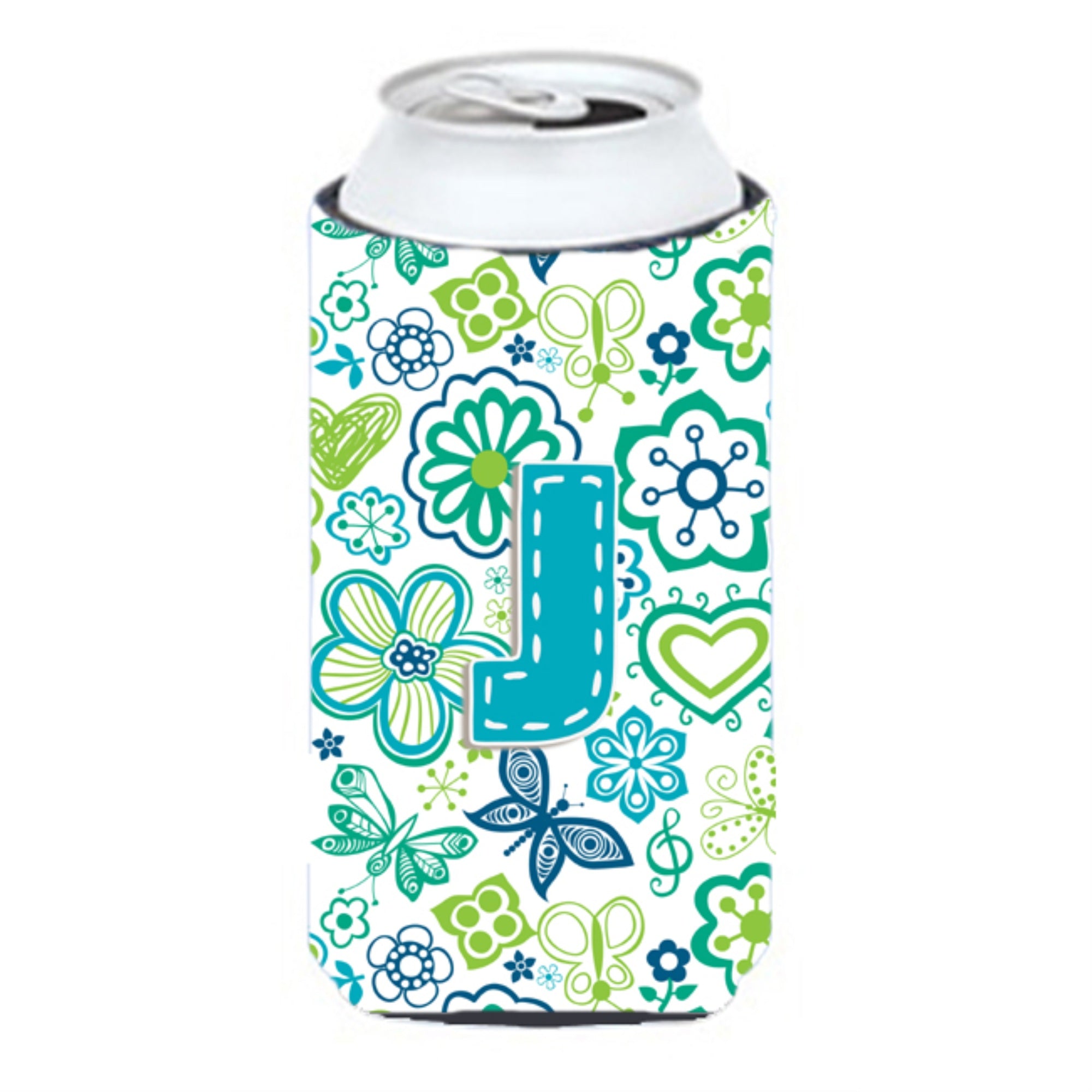 Letter J Flowers And Butterflies Teal Blue Tall Boy Beverage Insulator Hugger Cj2006-Jtbc
