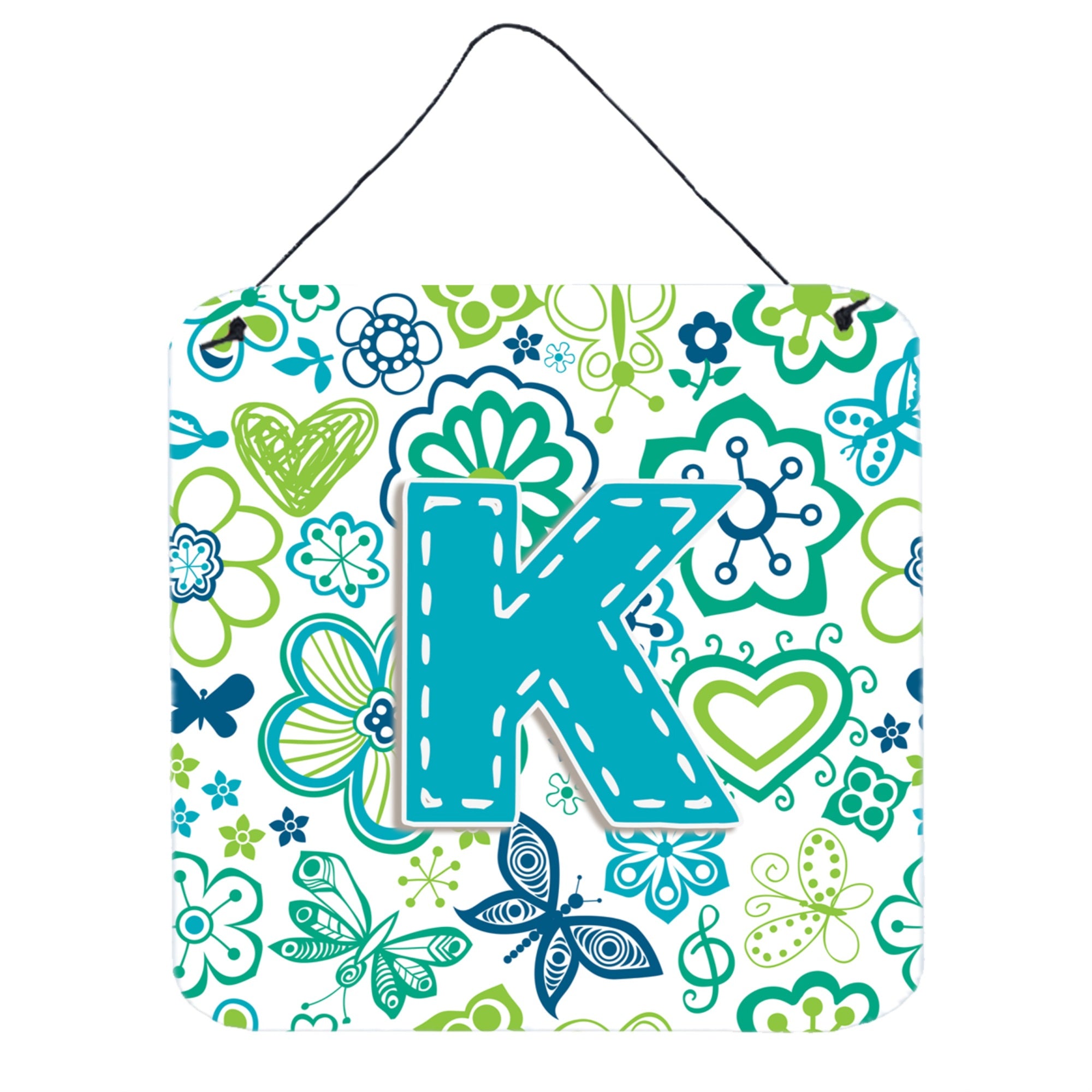 'Caroline'S Treasures Letter K Flowers And Butterflies Teal Blue Wall Or Door Hanging Prints, 6 X 6''''''