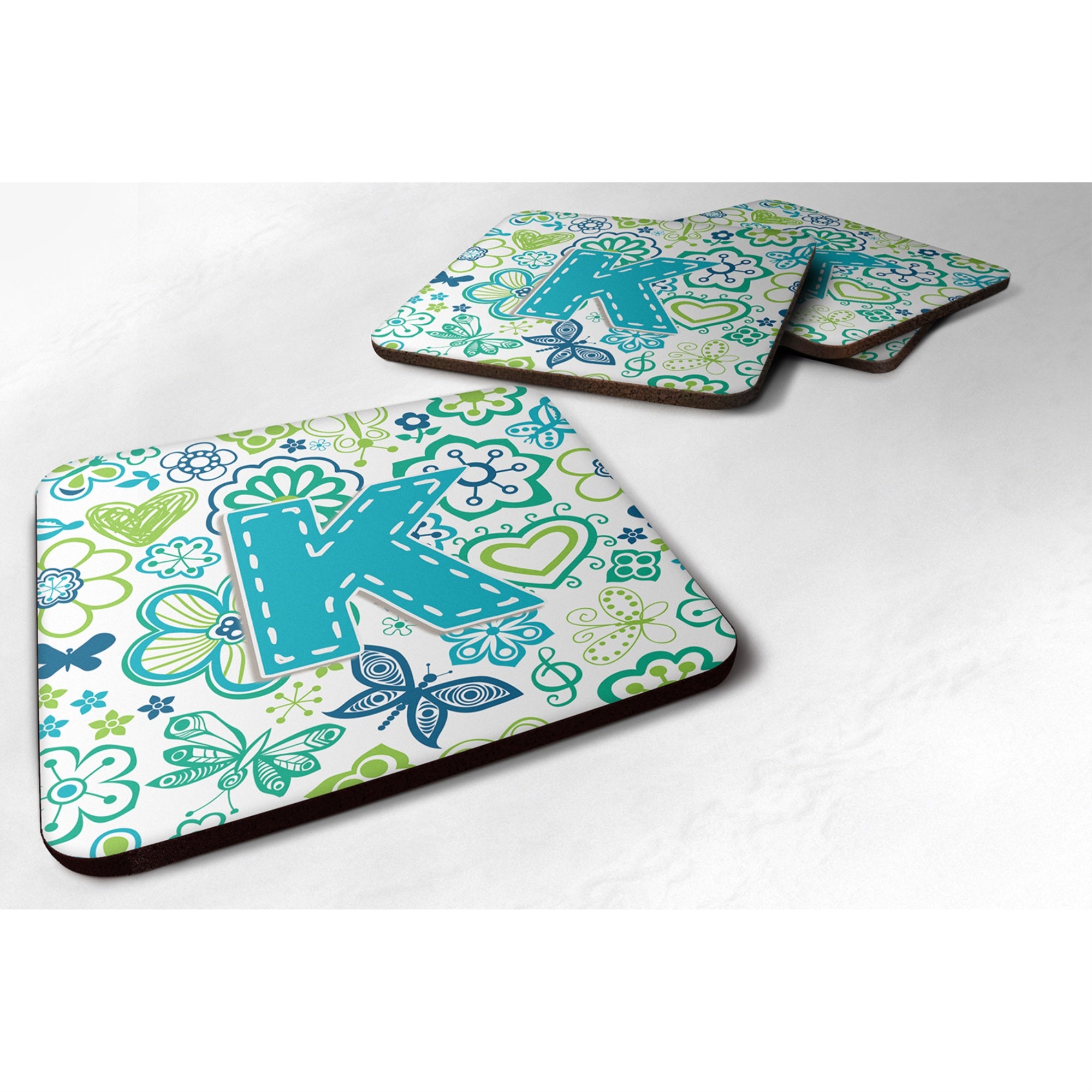 'Caroline'S Treasures Cj2006-Kfc Letter K Flowers And Butterflies Teal Blue Foam Coasters (Set Of 4), 3.5'''', Multicolor''