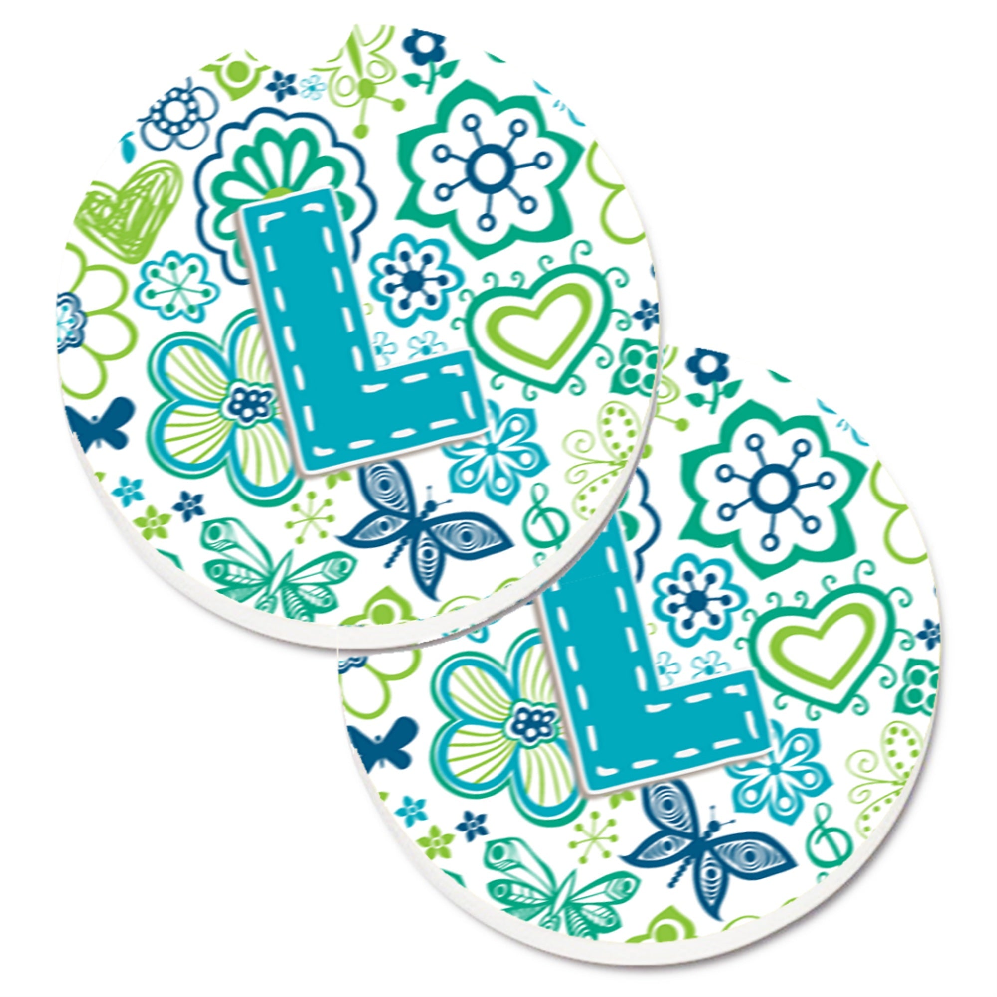 'Caroline'S Treasures Letter L Flowers & Butterflies Teal Blue Set Of 2 Cup Holder Car Coasters Cj2006-Lcarc, 2.56, Multicolor'