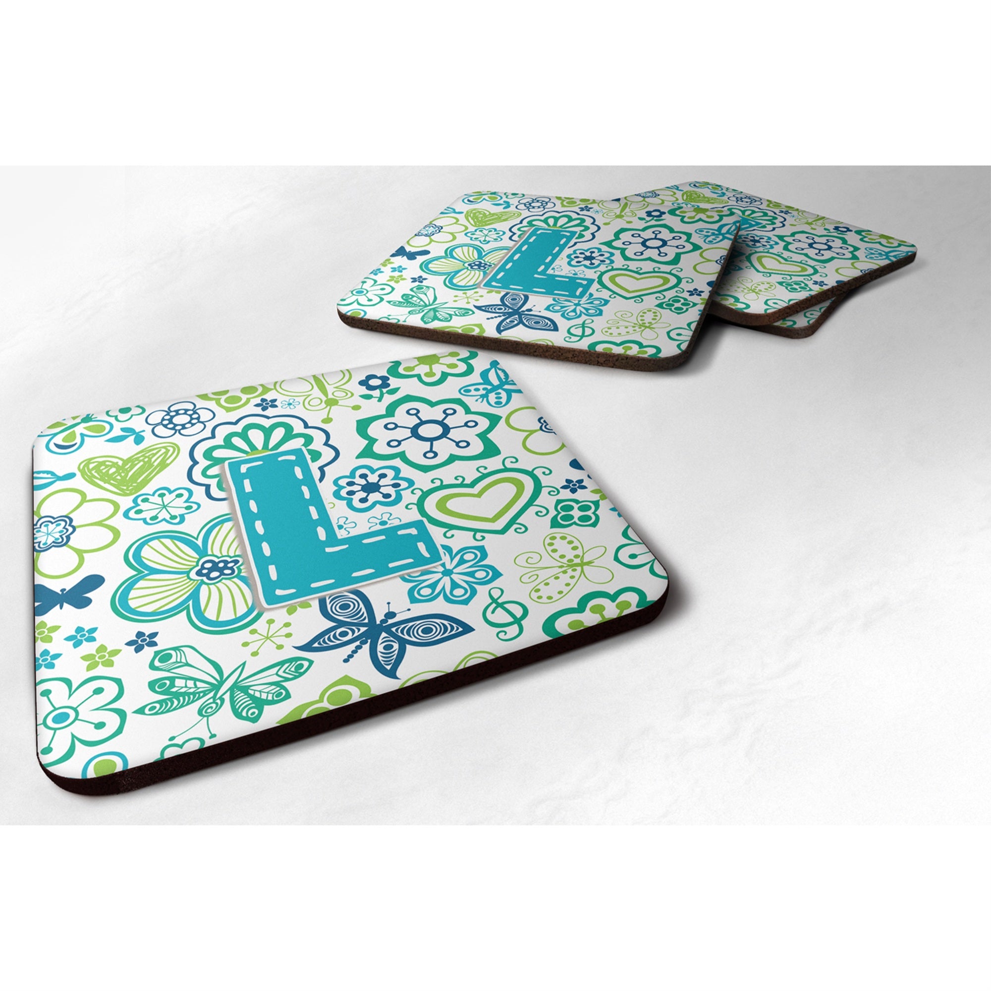 'Caroline'S Treasures Cj2006-Lfc Letter L Flowers And Butterflies Teal Blue Foam Coasters (Set Of 4), 3.5'''', Multicolor''