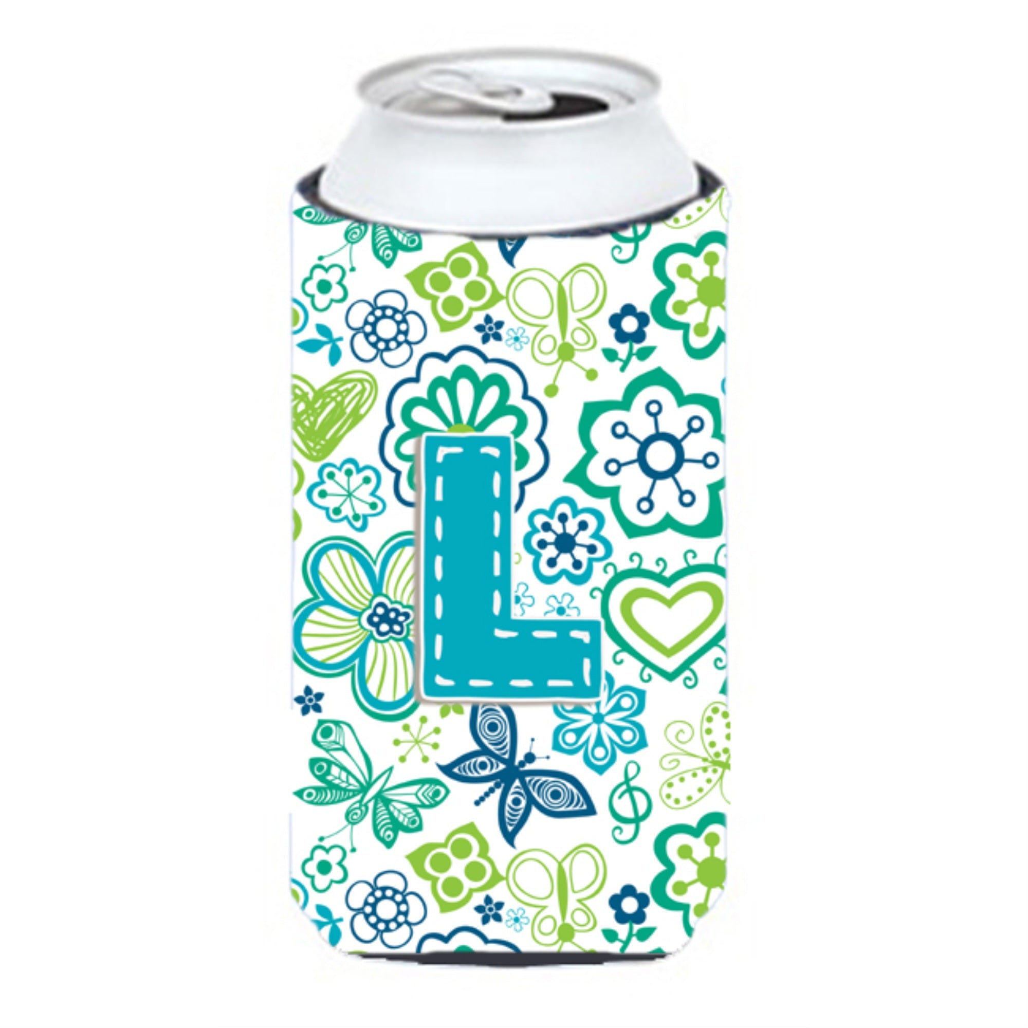 Letter L Flowers And Butterflies Teal Blue Tall Boy Beverage Insulator Hugger Cj2006-Ltbc