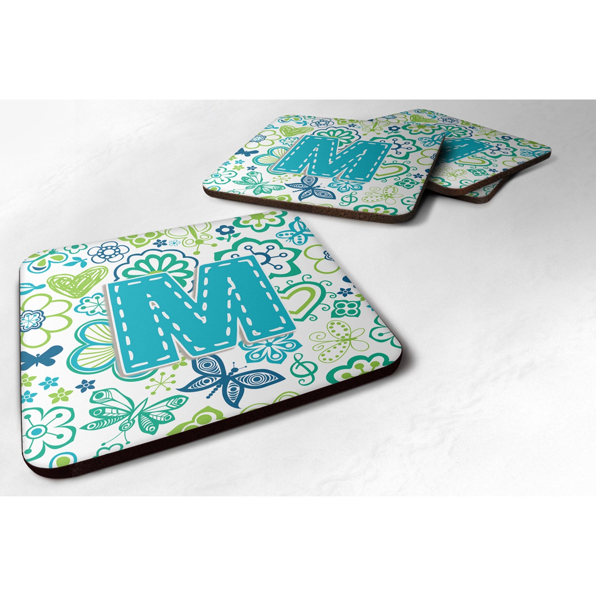 'Caroline'S Treasures Cj2006-Mfc Letter M Flowers And Butterflies Teal Blue Foam Coasters (Set Of 4), 3.5'''', Multicolor''