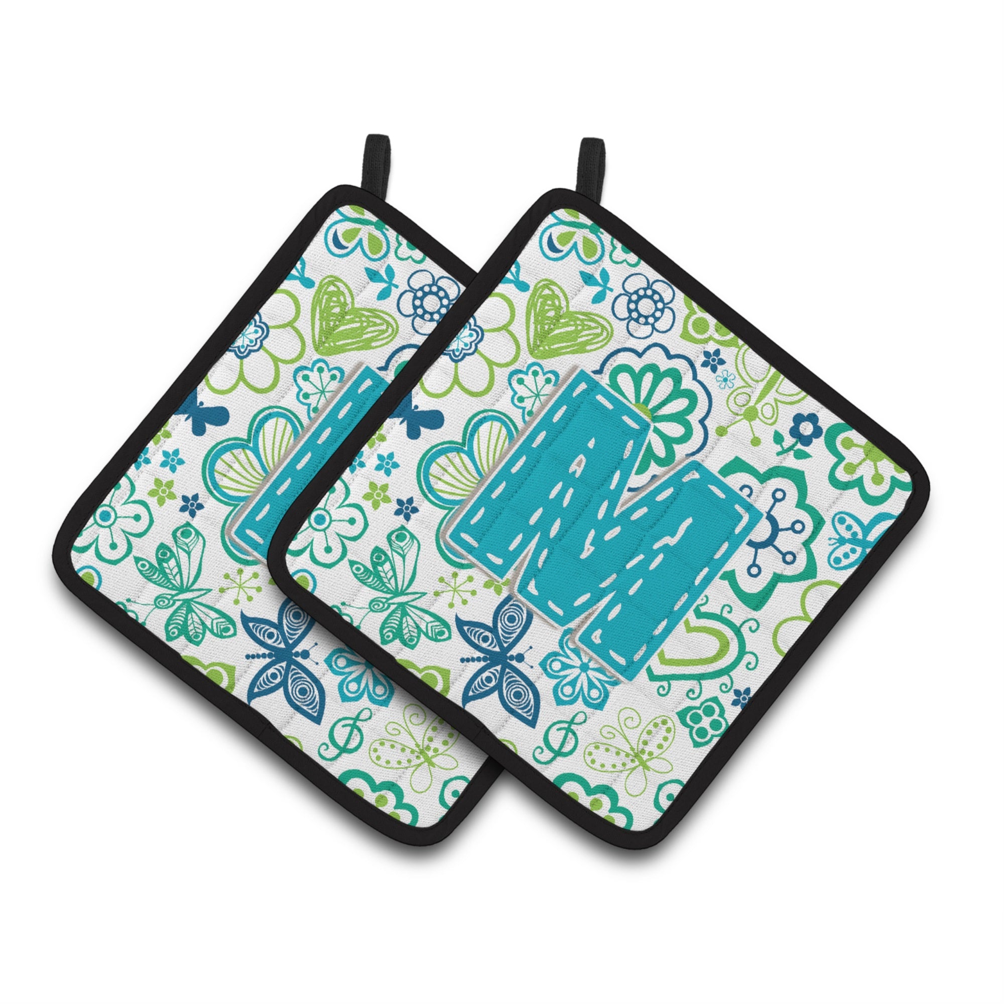 'Caroline'S Treasures Letter M Flowers & Butterflies Teal Blue Pair Of Pot Holders Cj2006-Mpthd, 7.5Hx7.5W, Multicolor''
