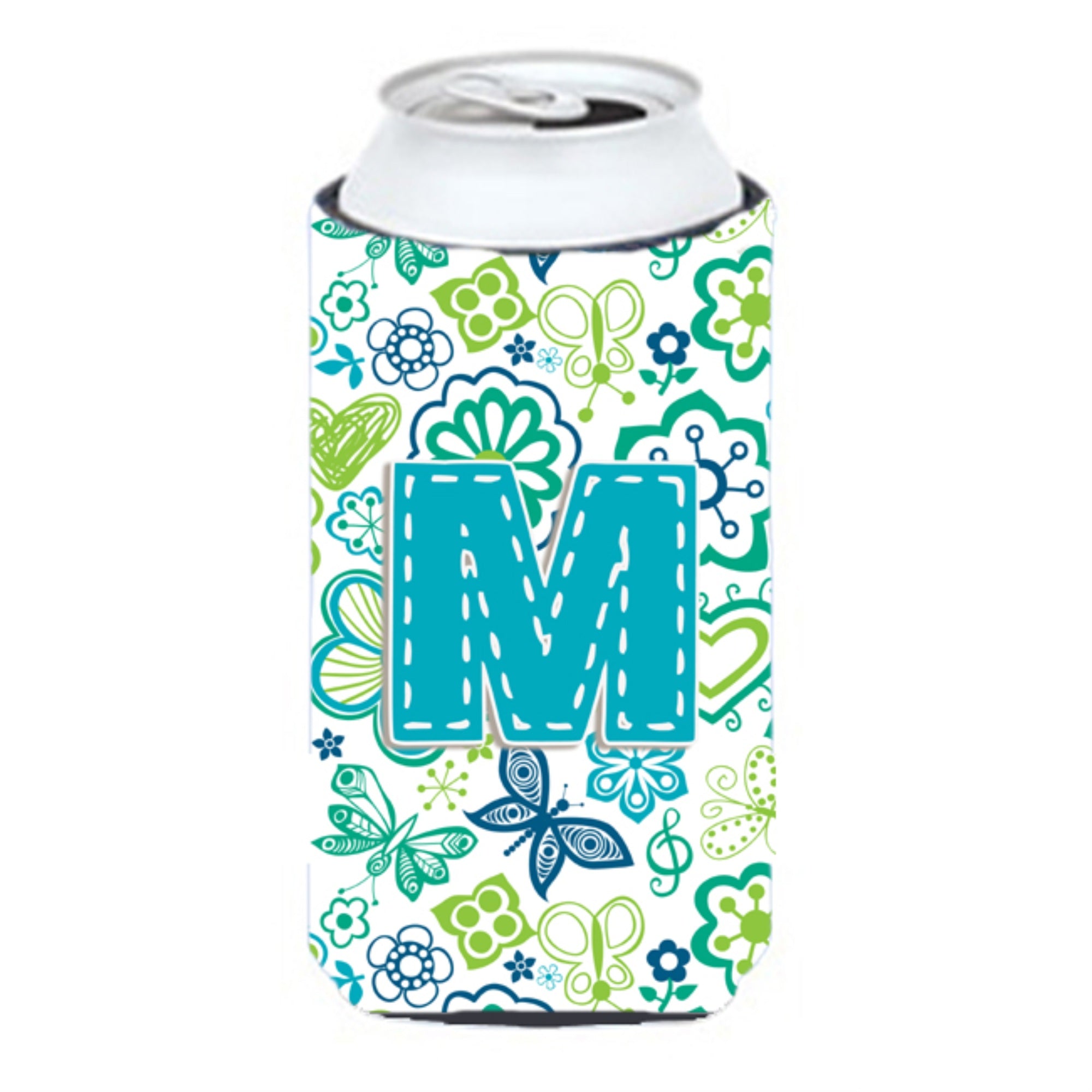 Letter M Flowers and Butterflies Teal Blue Tall Boy Beverage Insulator Hugger CJ2006-MTBC