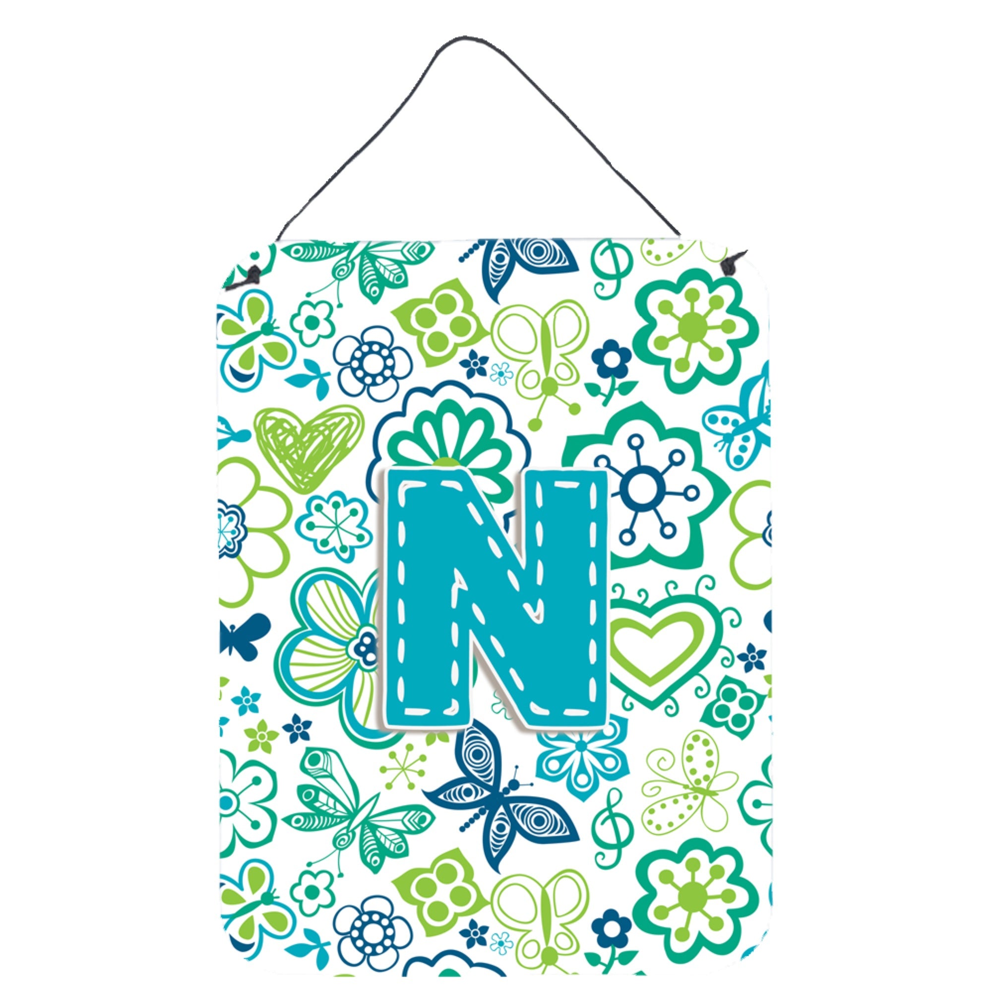 'Caroline'S Treasures Cj2006-Nds1216 Letter N Flowers And Butterflies Teal Blue Wall Or Door Hanging Prints, 16 X 12'''', Multi