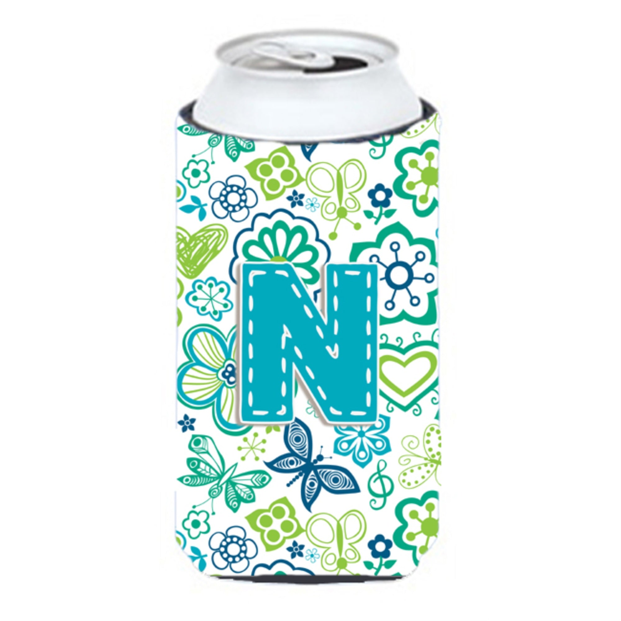 Letter N Flowers And Butterflies Teal Blue Tall Boy Beverage Insulator Hugger Cj2006-Ntbc