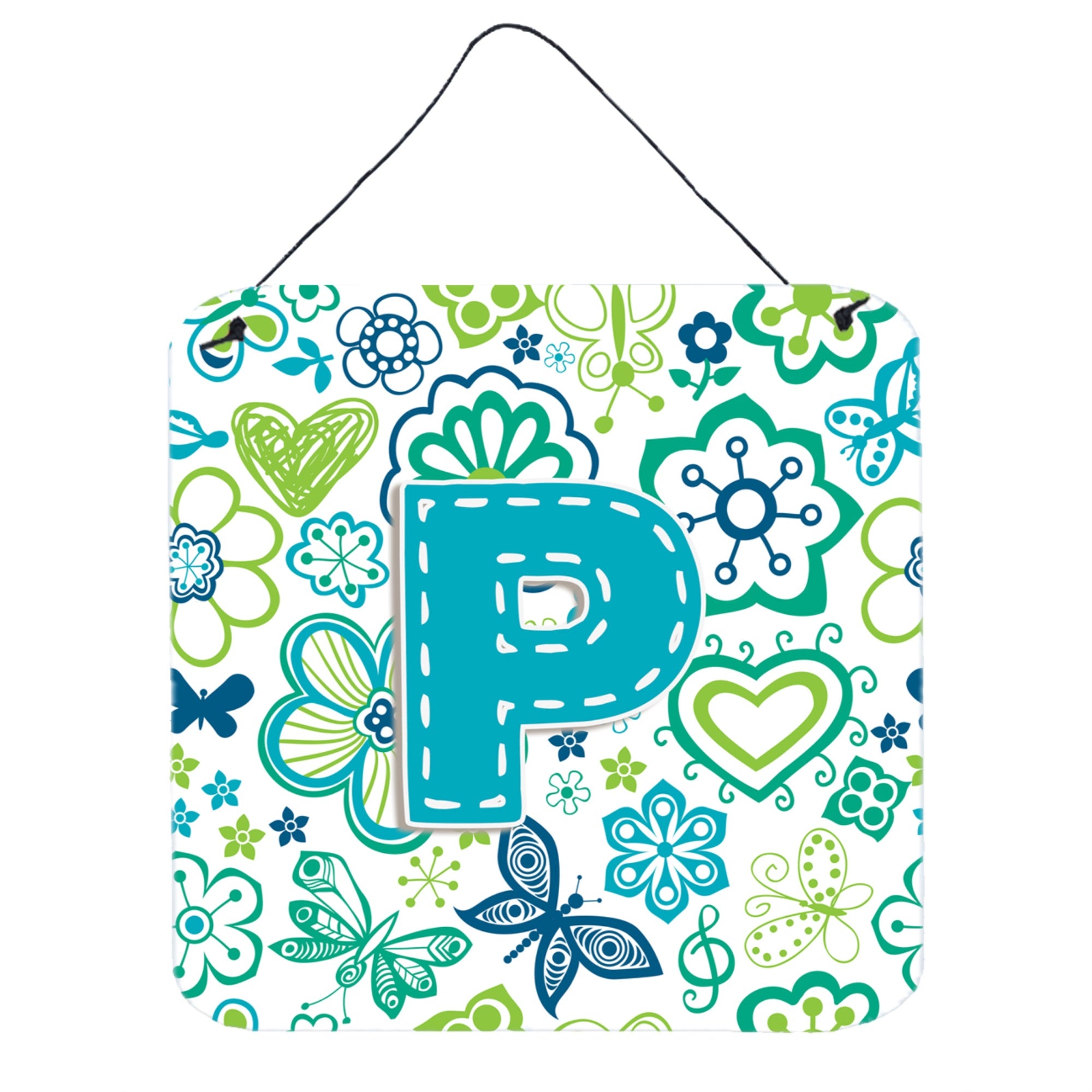 'Caroline'S Treasures Letter P Flowers And Butterflies Teal Blue Wall Or Door Hanging Prints, 6 X 6''''''