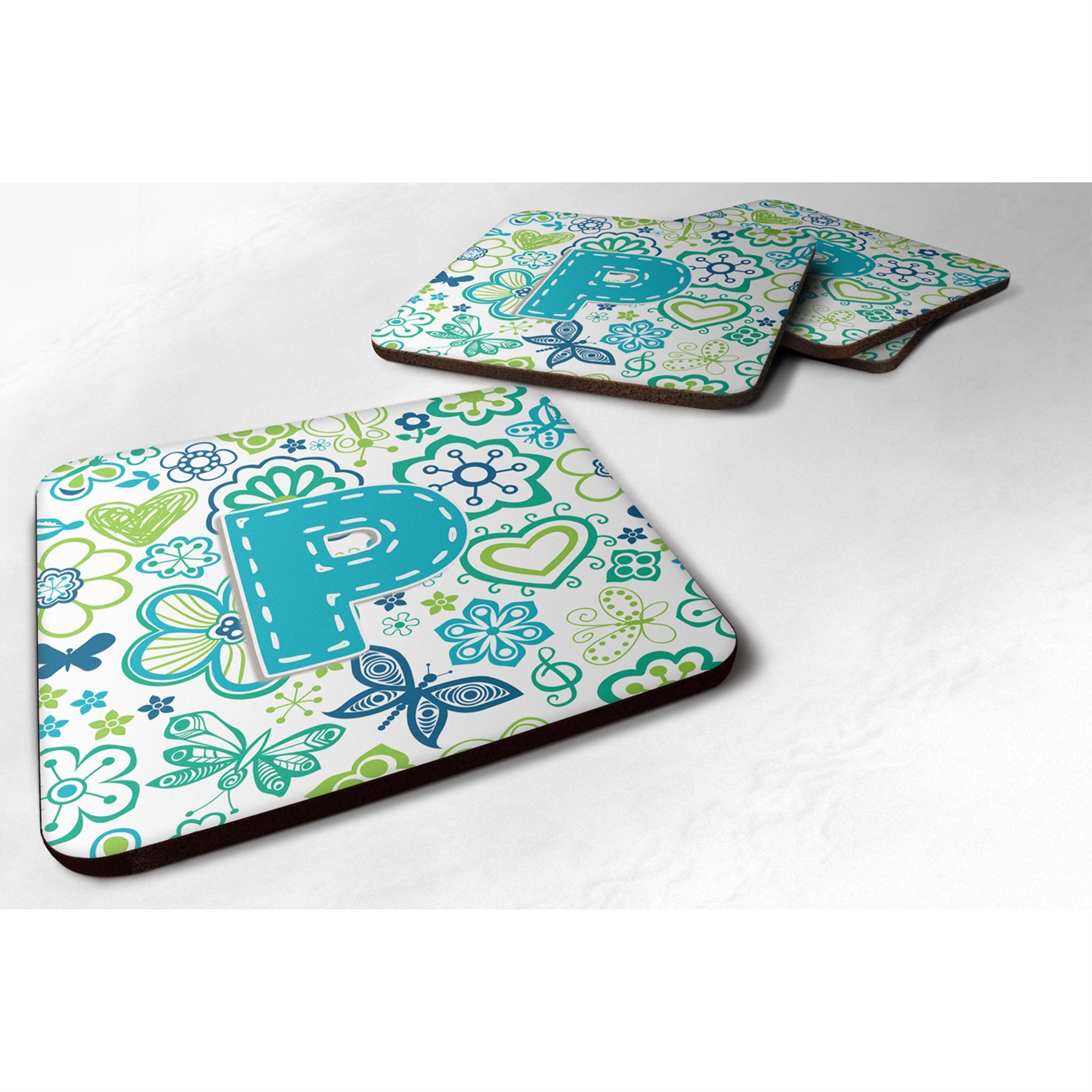 'Caroline'S Treasures Cj2006-Pfc Letter P Flowers And Butterflies Teal Blue Foam Coasters (Set Of 4), 3.5'''', Multicolor''