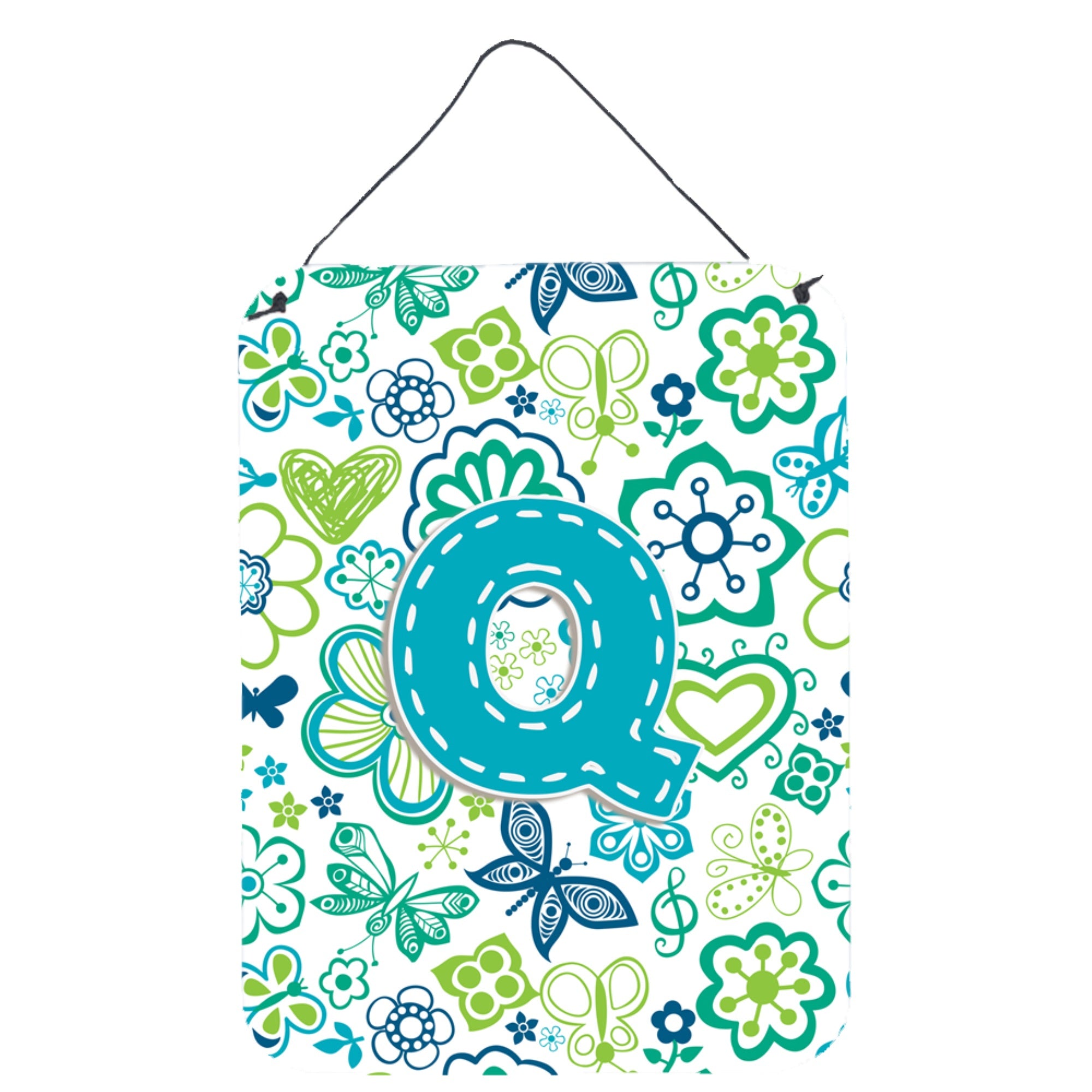 'Caroline'S Treasures Letter Q Flowers And Butterflies Teal Blue Door Hanging Prints Wall-Decor, 16 X 12, Multicolor''