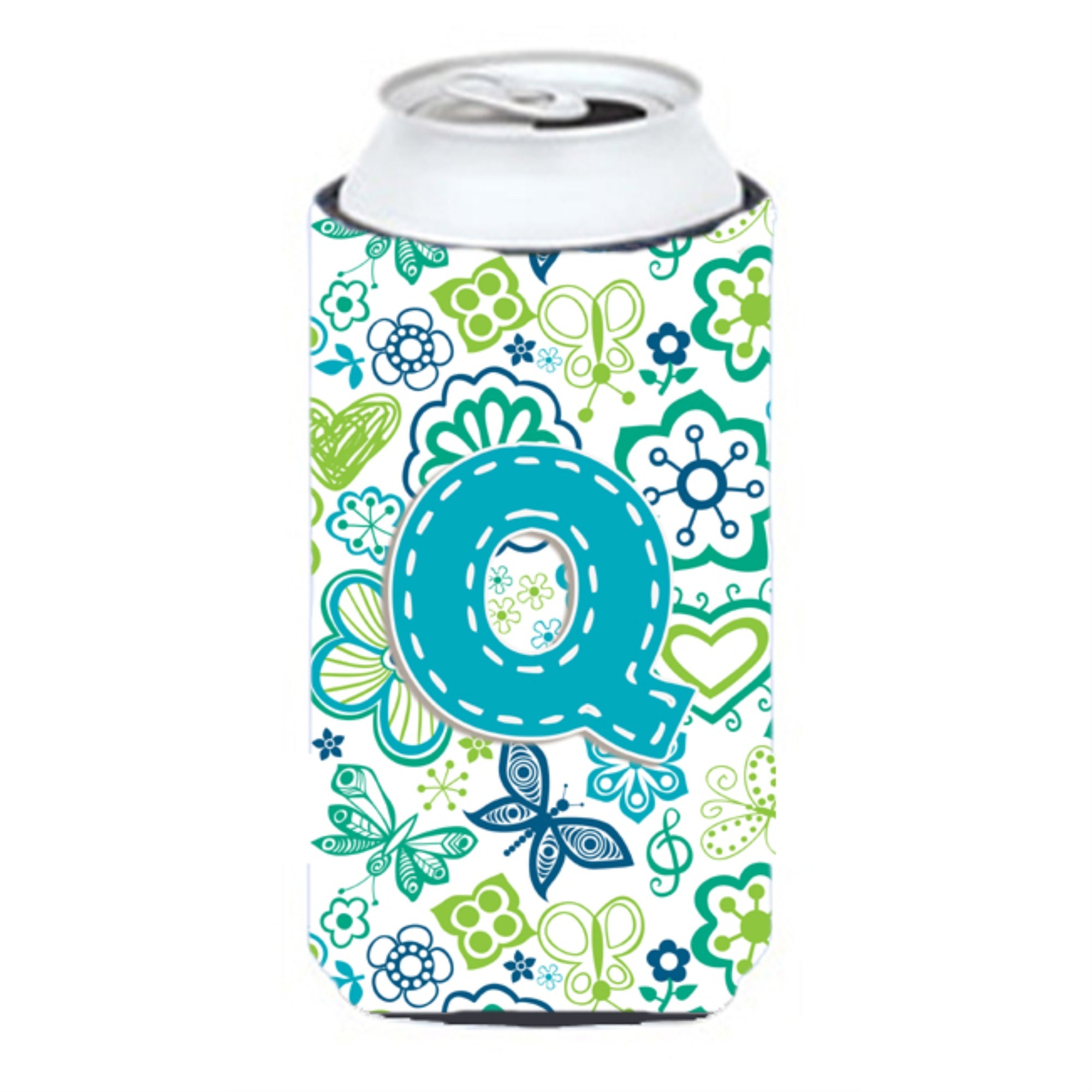 Letter Q Flowers And Butterflies Teal Blue Tall Boy Beverage Insulator Hugger Cj2006-Qtbc