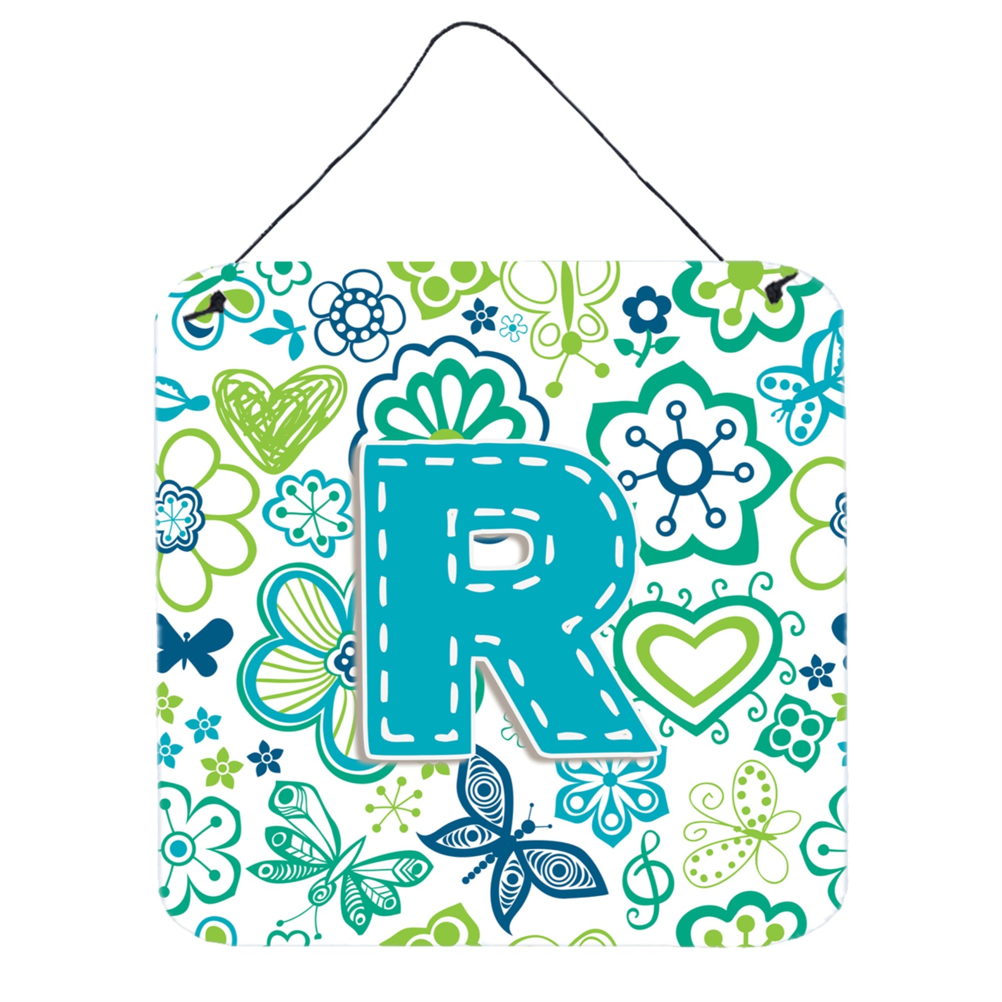 'Caroline'S Treasures Letter R Flowers And Butterflies Teal Blue Wall Or Door Hanging Prints, 6 X 6''''''