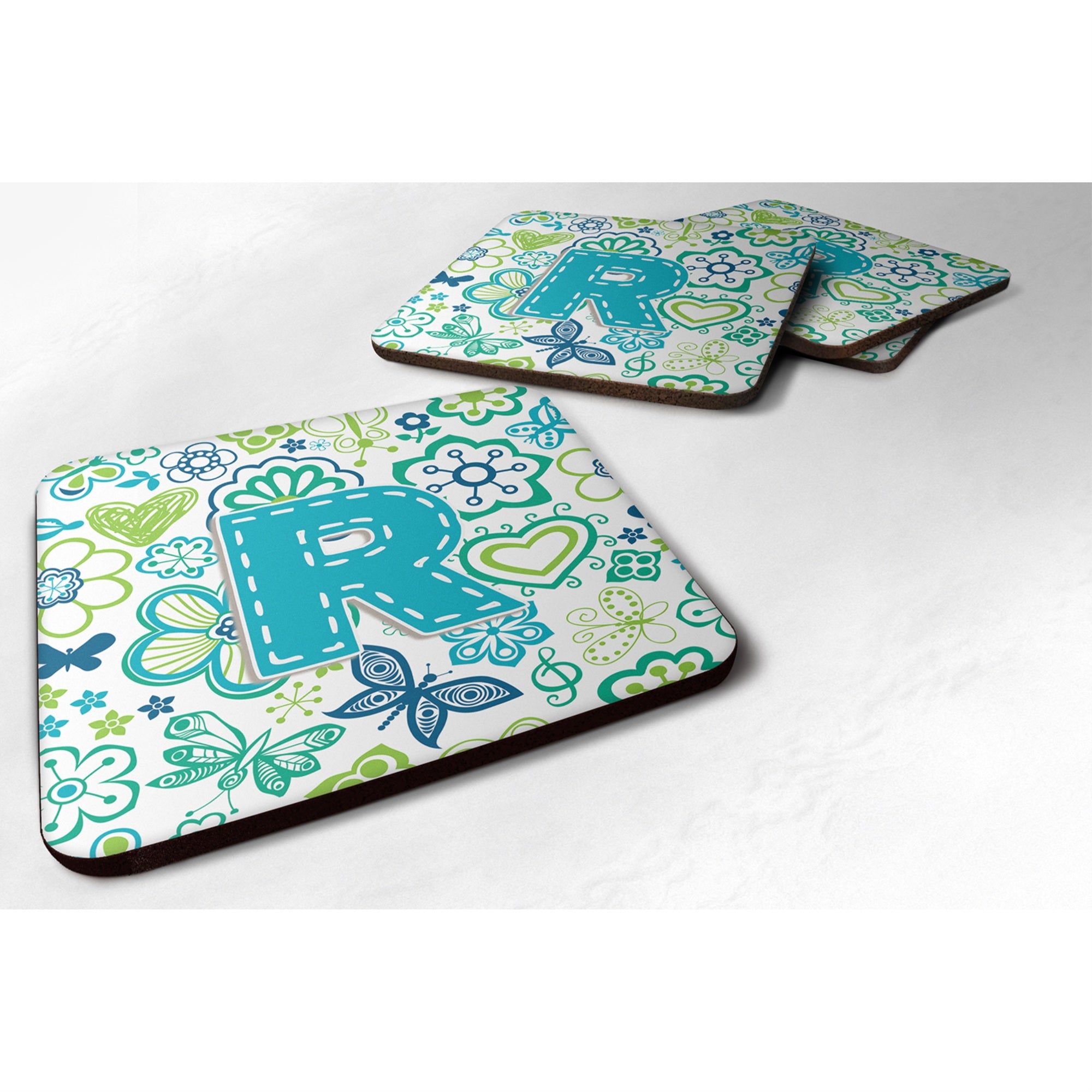 'Caroline'S Treasures Cj2006-Rfc Letter R Flowers And Butterflies Teal Blue Foam Coasters (Set Of 4), 3.5'''', Multicolor''