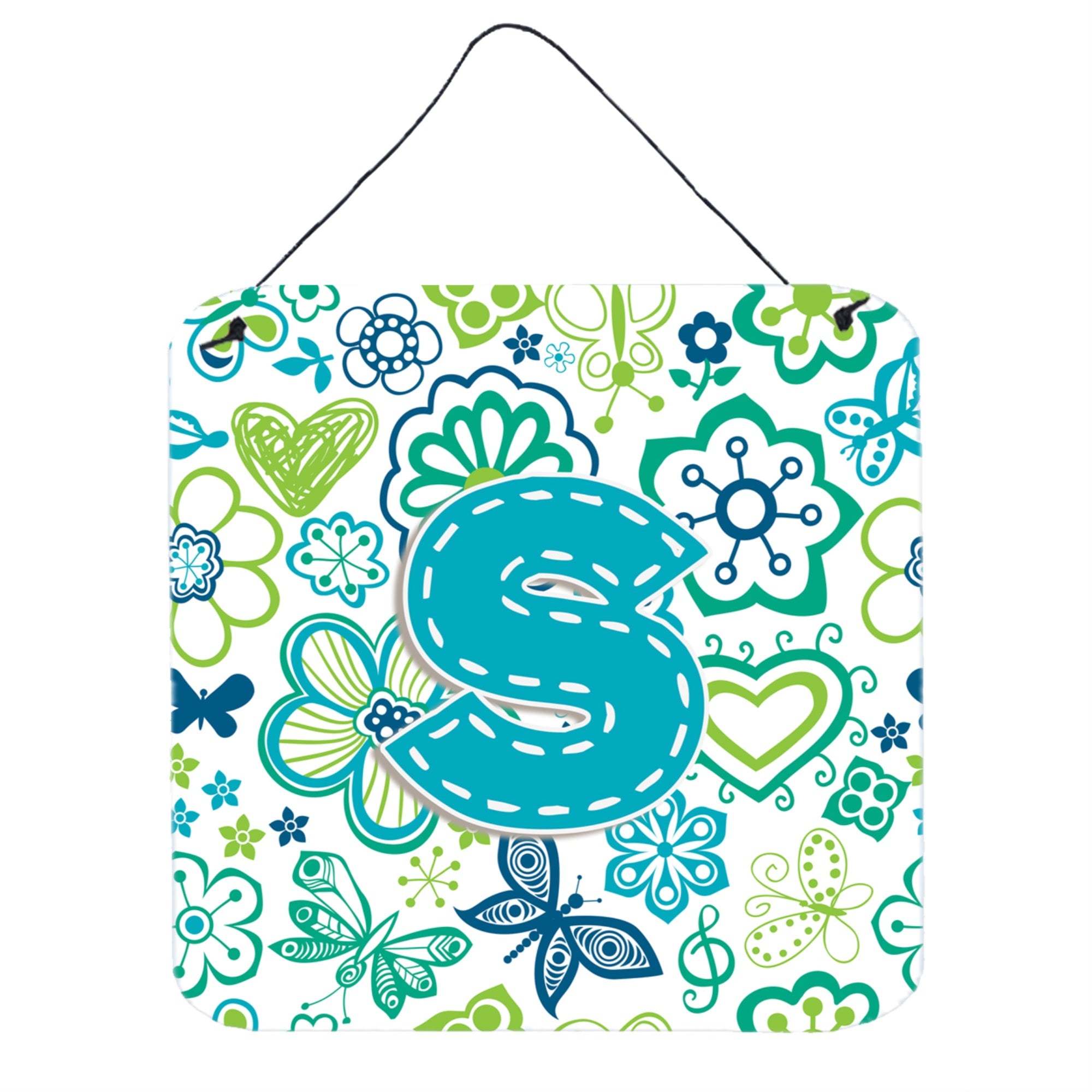'Caroline'S Treasures Letter S Flowers And Butterflies Teal Blue Wall Or Door Hanging Prints, 6 X 6''''''