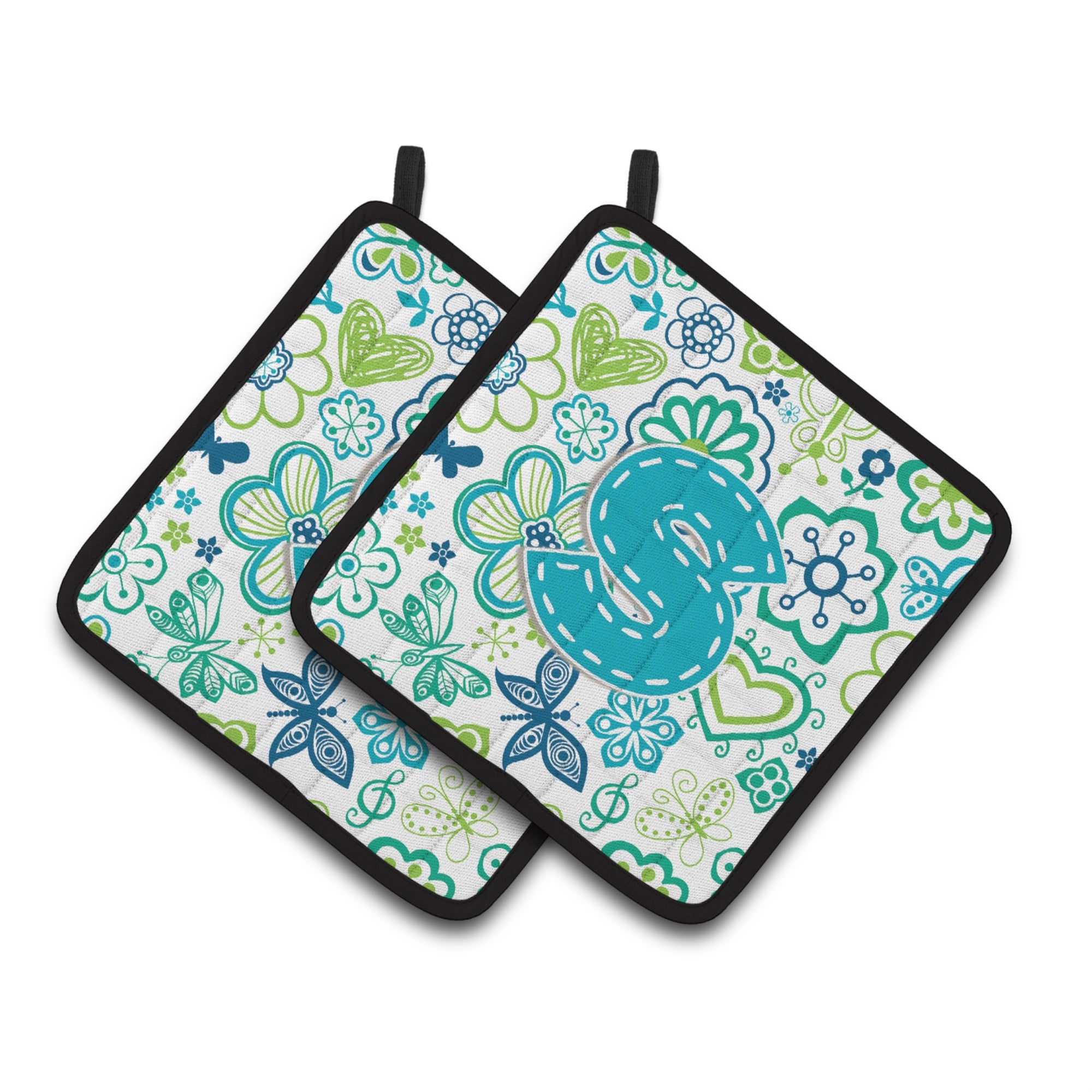 'Caroline'S Treasures Letter S Flowers & Butterflies Teal Blue Pair Of Pot Holders Cj2006-Spthd, 7.5Hx7.5W, Multicolor''