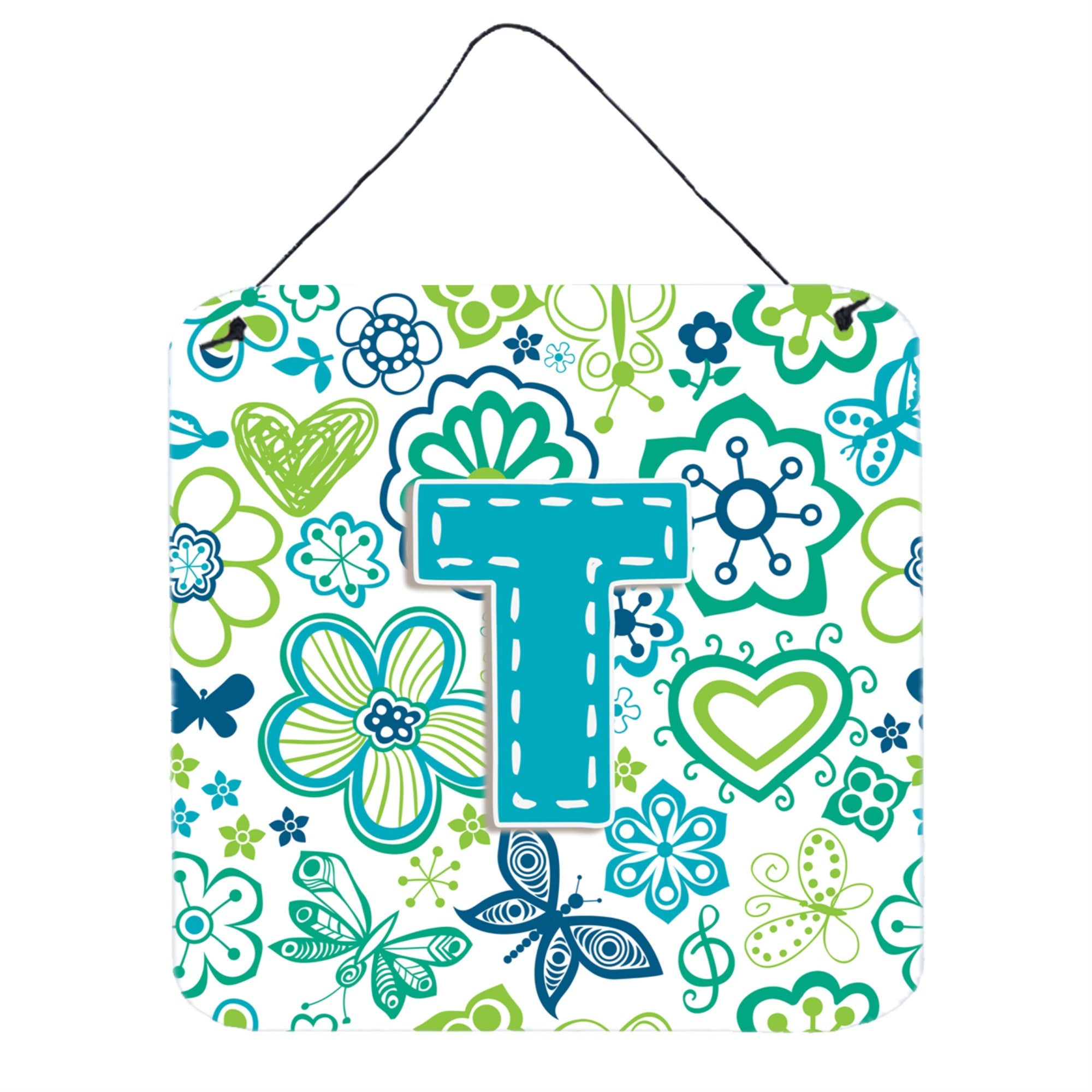 'Caroline'S Treasures Letter T Flowers And Butterflies Teal Blue Wall Or Door Hanging Prints, 6 X 6''''''