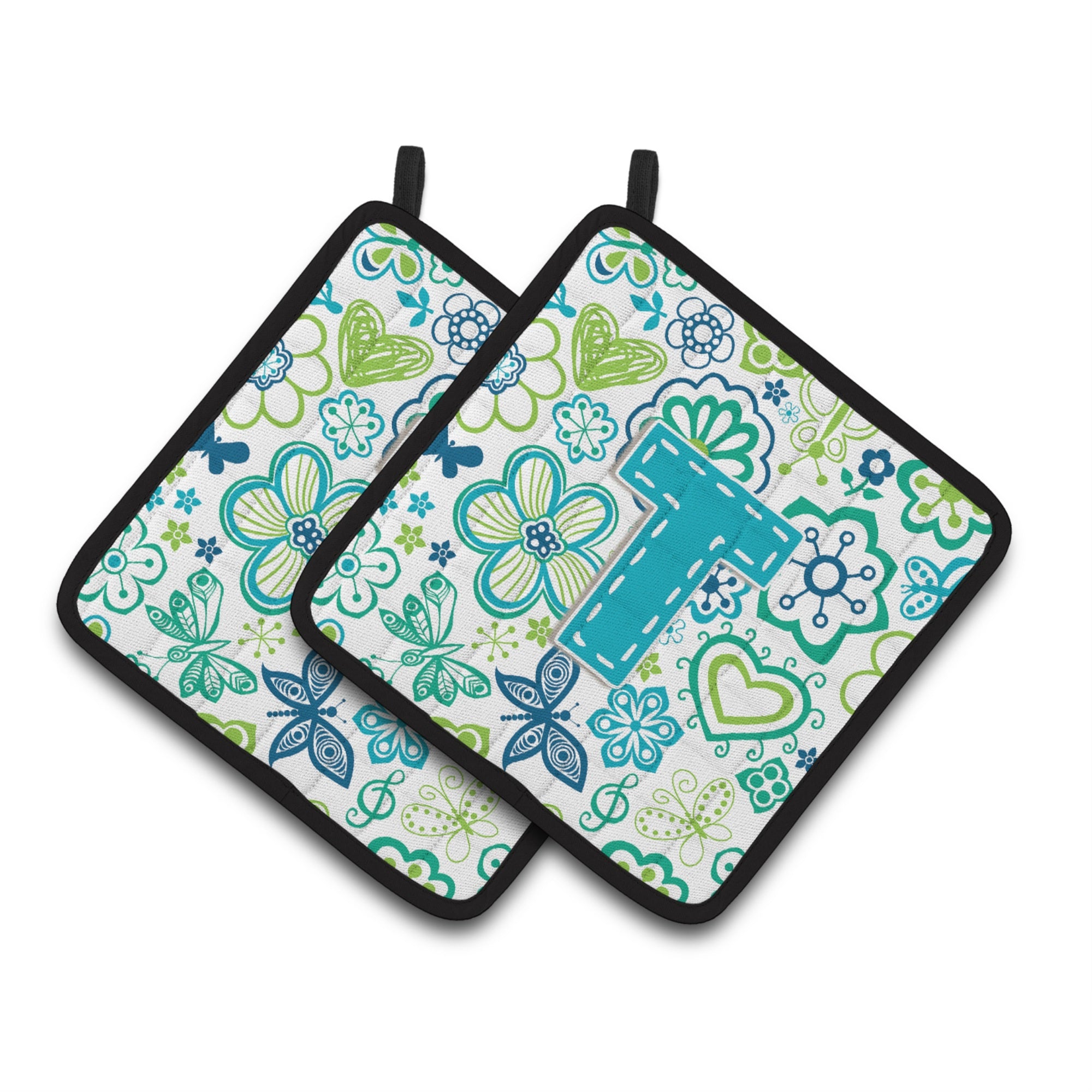 'Caroline'S Treasures Letter T Flowers & Butterflies Teal Blue Pair Of Pot Holders Cj2006-Tpthd, 7.5Hx7.5W, Multicolor''