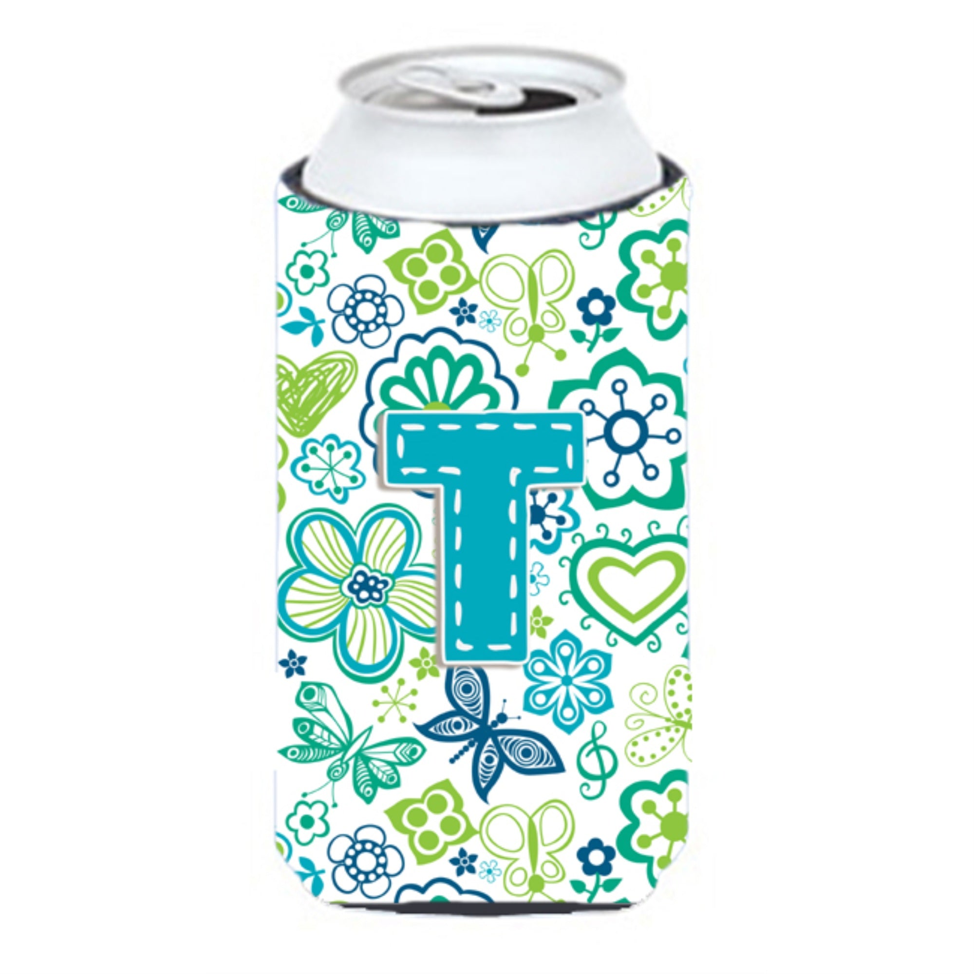 Letter T Flowers And Butterflies Teal Blue Tall Boy Beverage Insulator Hugger Cj2006-Ttbc