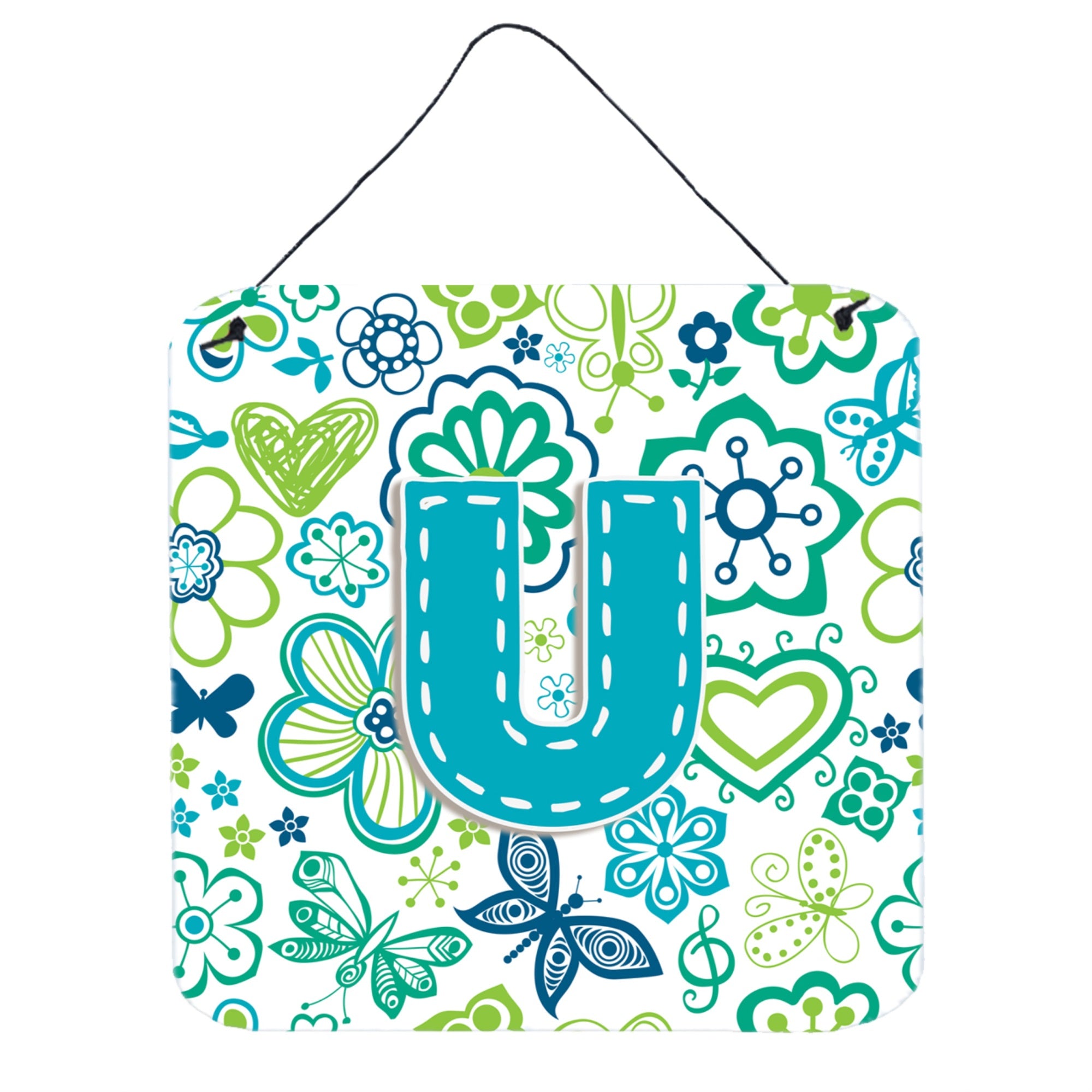 'Caroline'S Treasures Letter U Flowers And Butterflies Teal Blue Wall Or Door Hanging Prints, 6 X 6''''''