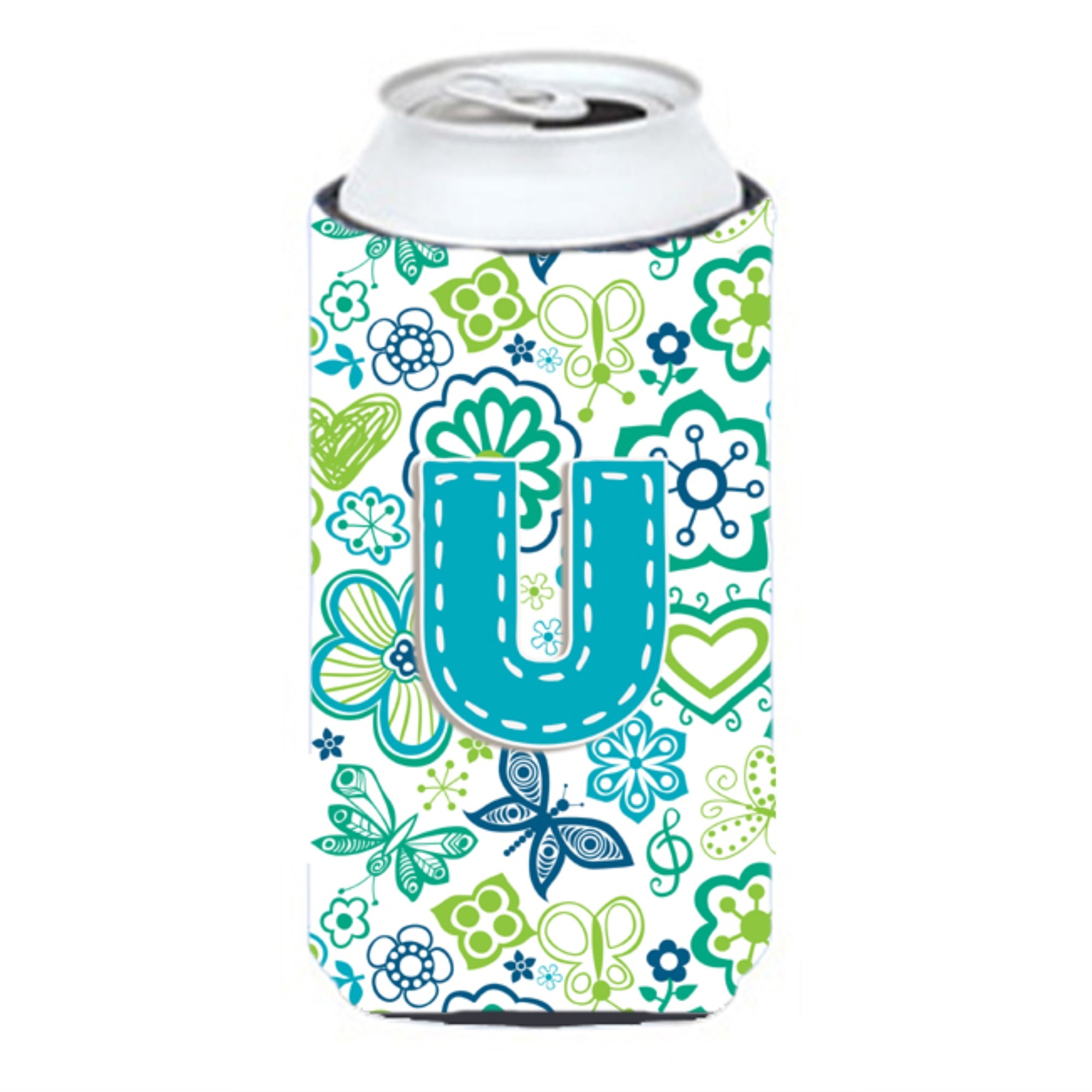 Letter U Flowers And Butterflies Teal Blue Tall Boy Beverage Insulator Hugger Cj2006-Utbc