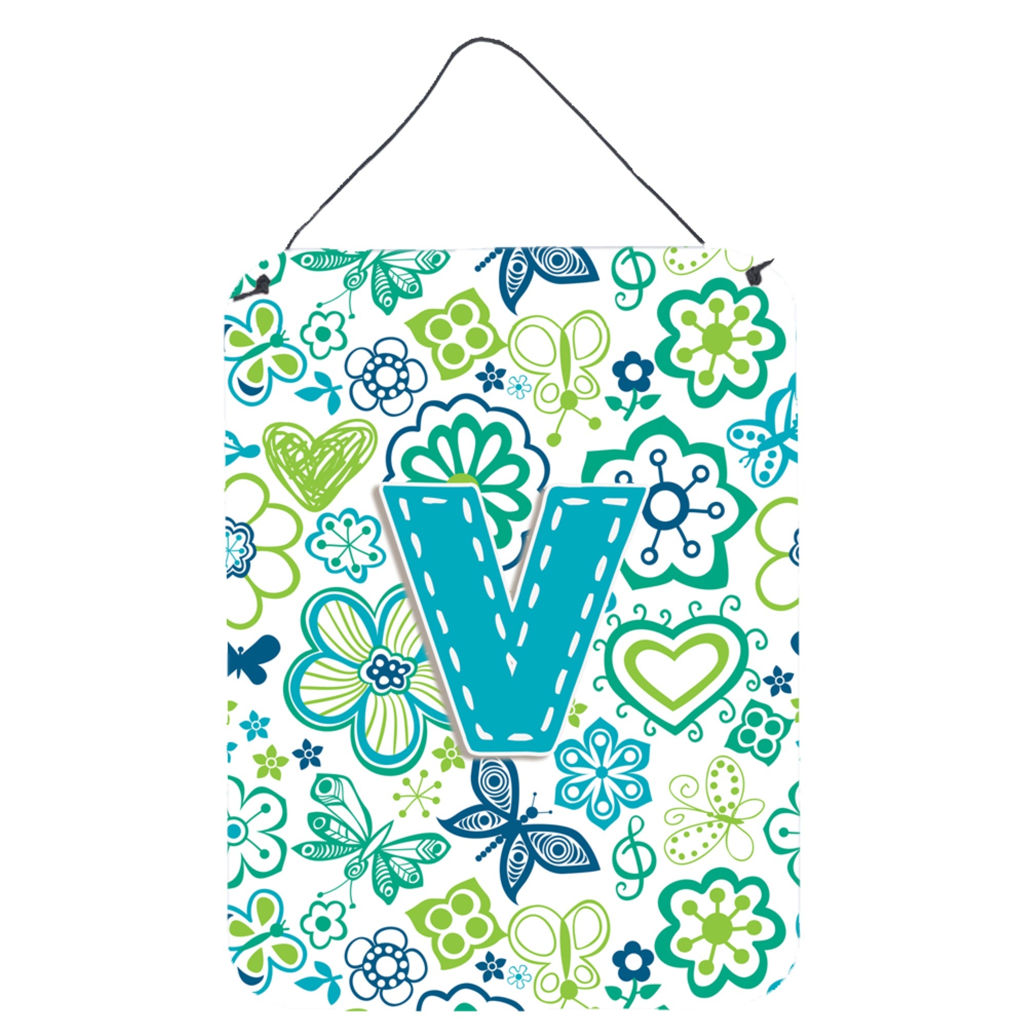 'Caroline'S Treasures Cj2006-Vds1216 Letter V Flowers And Butterflies Teal Blue Wall Or Door Hanging Prints, 16 X 12'''', Multi