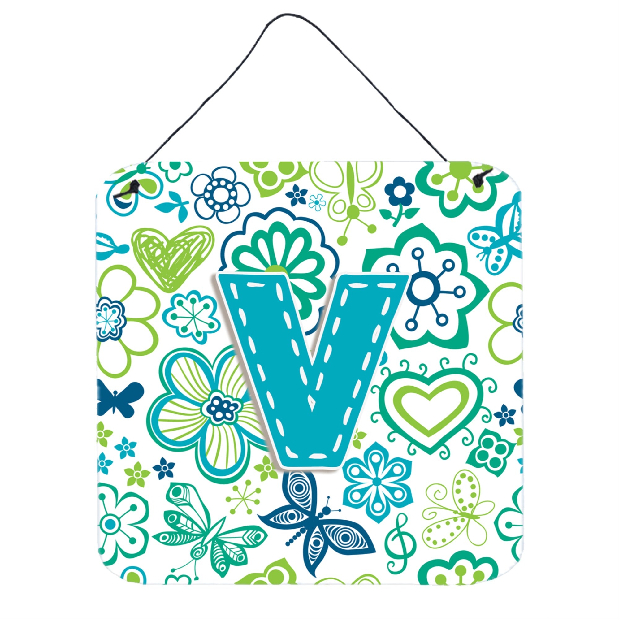 'Caroline'S Treasures Letter V Flowers And Butterflies Teal Blue Wall Or Door Hanging Prints, 6 X 6''''''