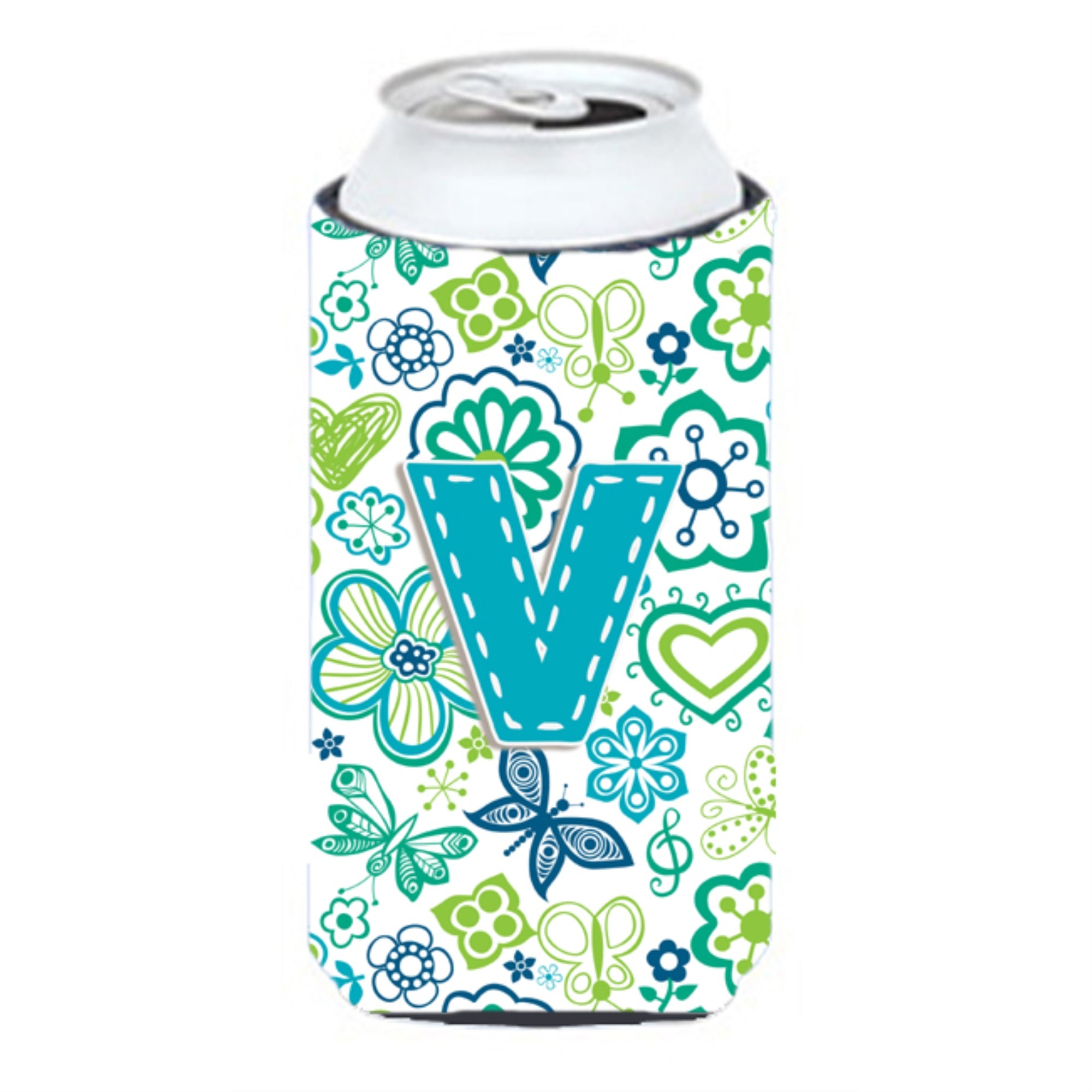 Letter V Flowers And Butterflies Teal Blue Tall Boy Beverage Insulator Hugger Cj2006-Vtbc
