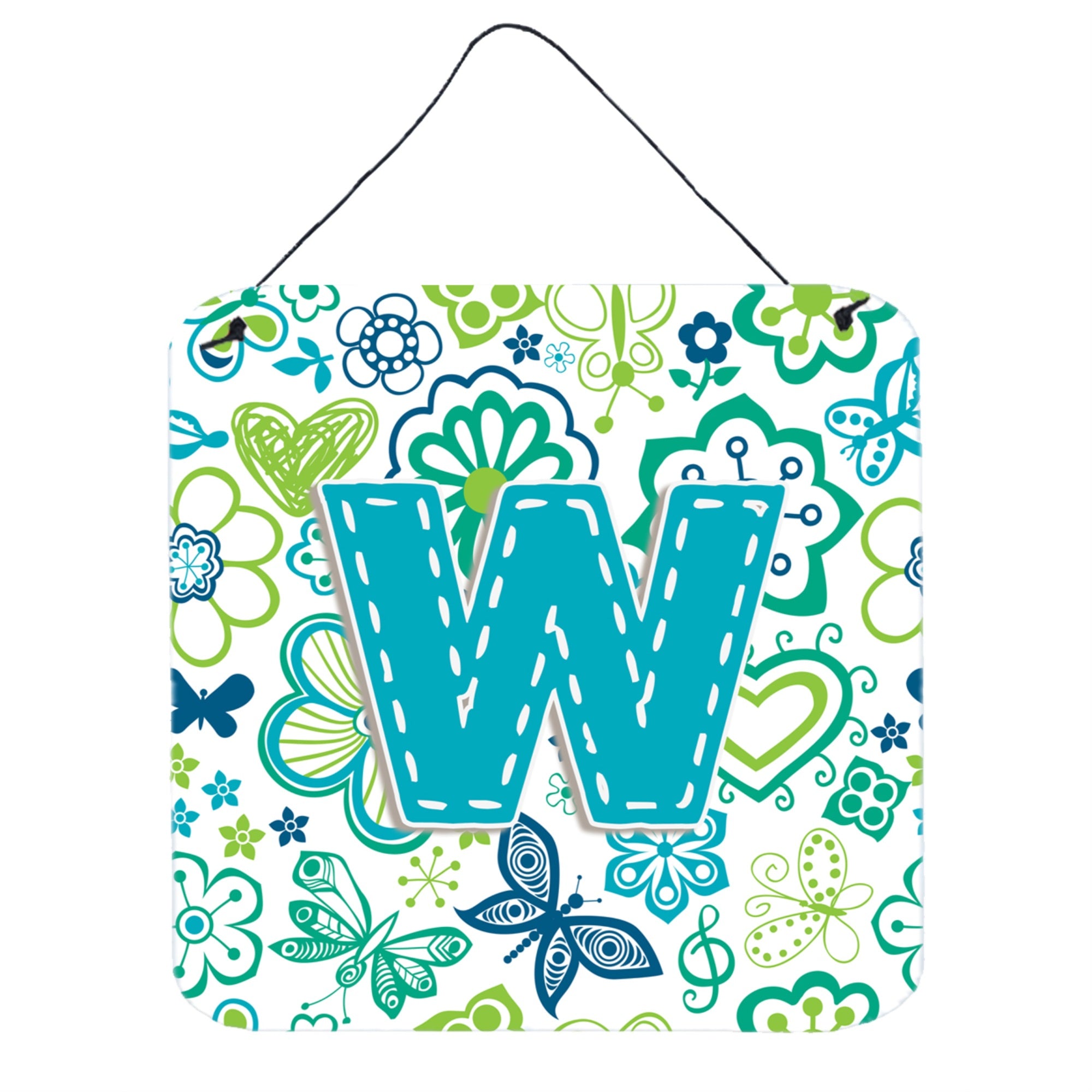 'Caroline'S Treasures Letter W Flowers And Butterflies Teal Blue Wall Or Door Hanging Prints, 6 X 6''''''