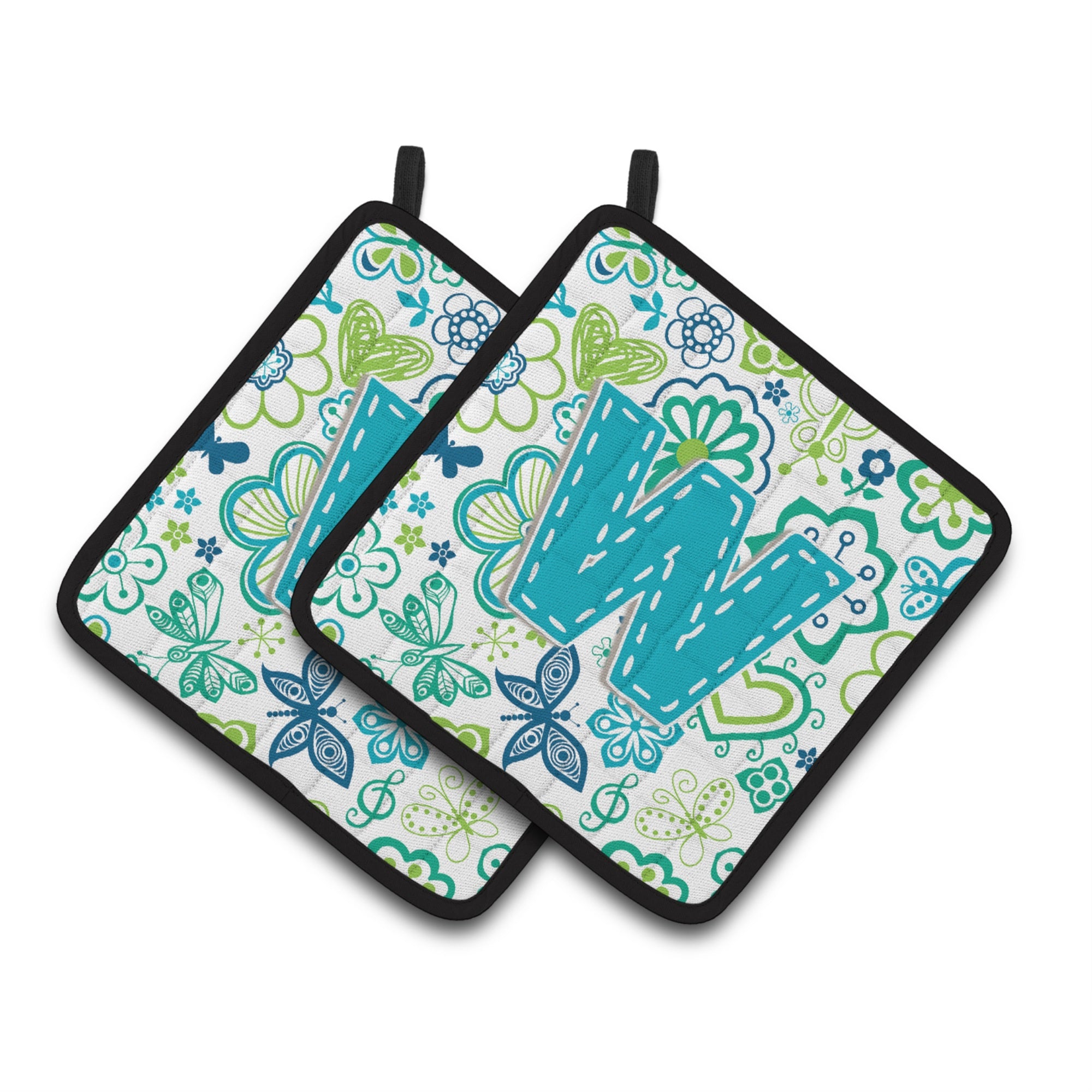 'Caroline'S Treasures Letter W Flowers & Butterflies Teal Blue Pair Of Pot Holders Cj2006-Wpthd, 7.5Hx7.5W, Multicolor''