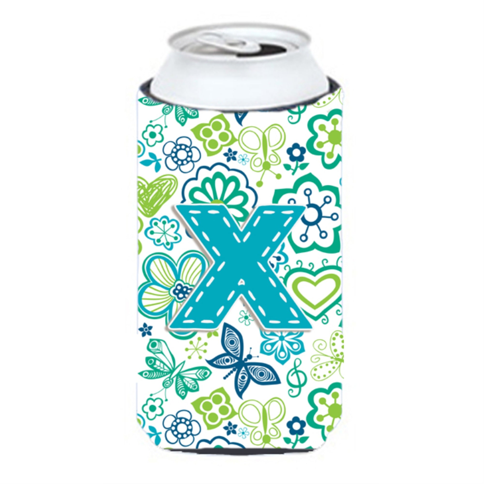 Letter X Flowers And Butterflies Teal Blue Tall Boy Beverage Insulator Hugger Cj2006-Xtbc