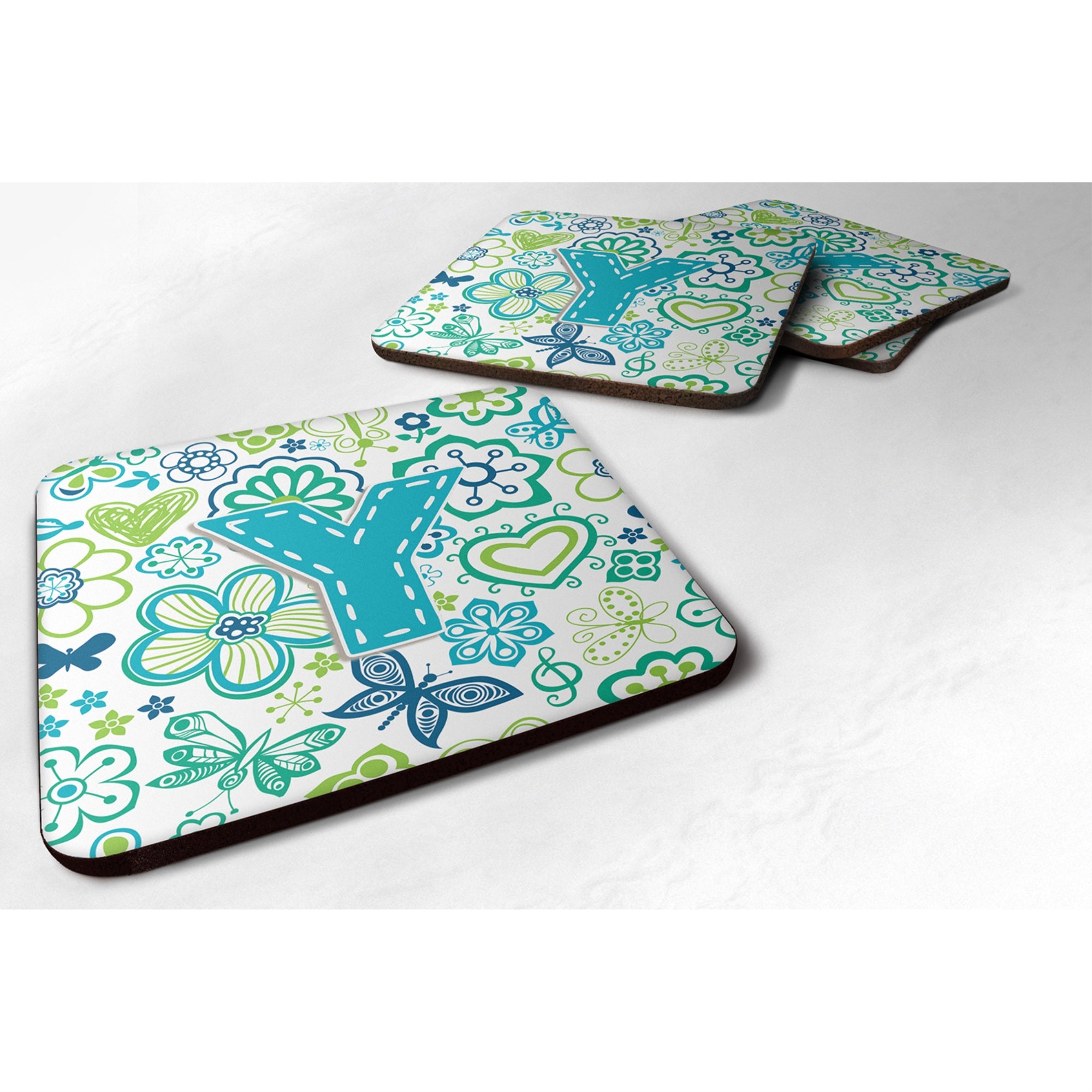 'Caroline'S Treasures Cj2006-Yfc Letter Y Flowers And Butterflies Teal Blue Foam Coasters (Set Of 4), 3.5'''', Multicolor''