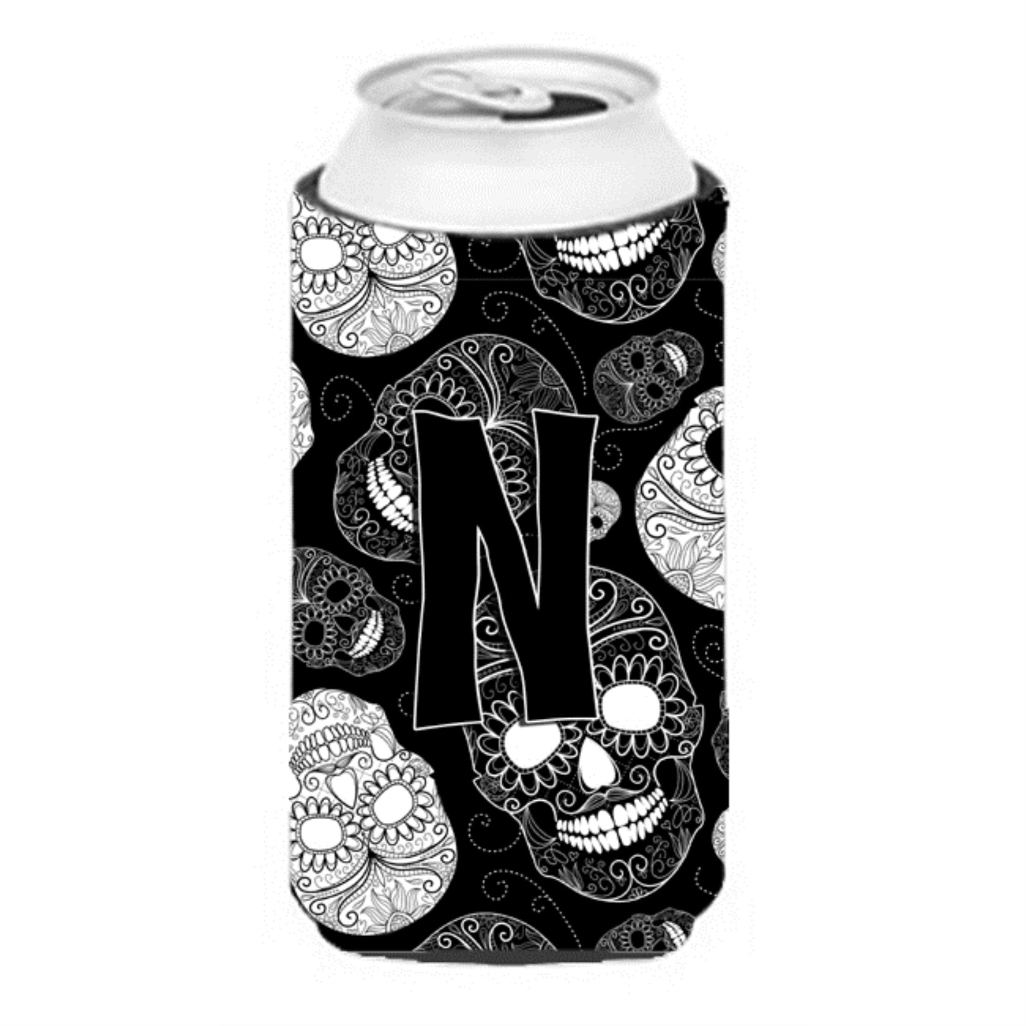Letter N Day Of The Dead Skulls Black Tall Boy Beverage Insulator Hugger Cj2008-Ntbc