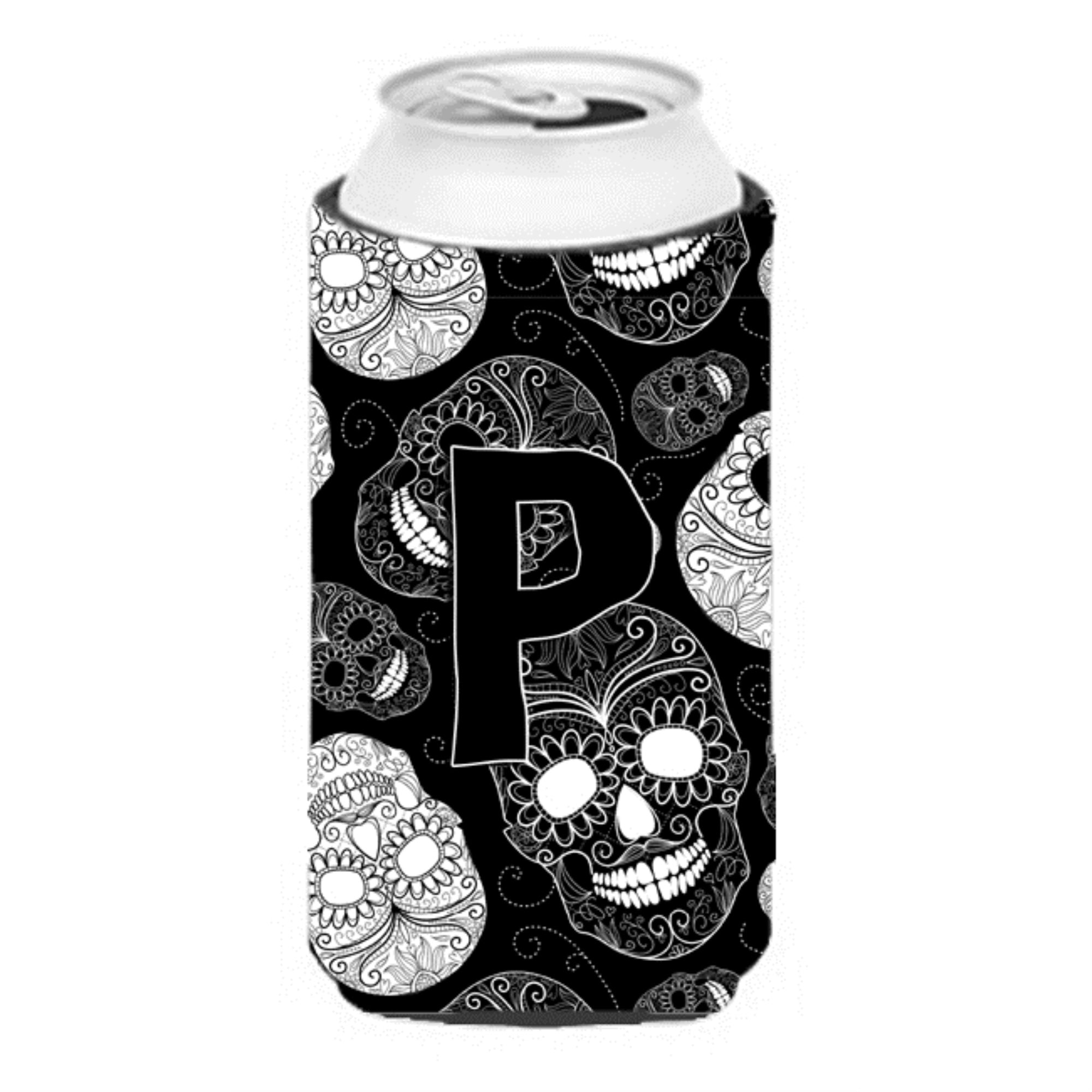 Letter P Day Of The Dead Skulls Black Tall Boy Beverage Insulator Hugger Cj2008-Ptbc