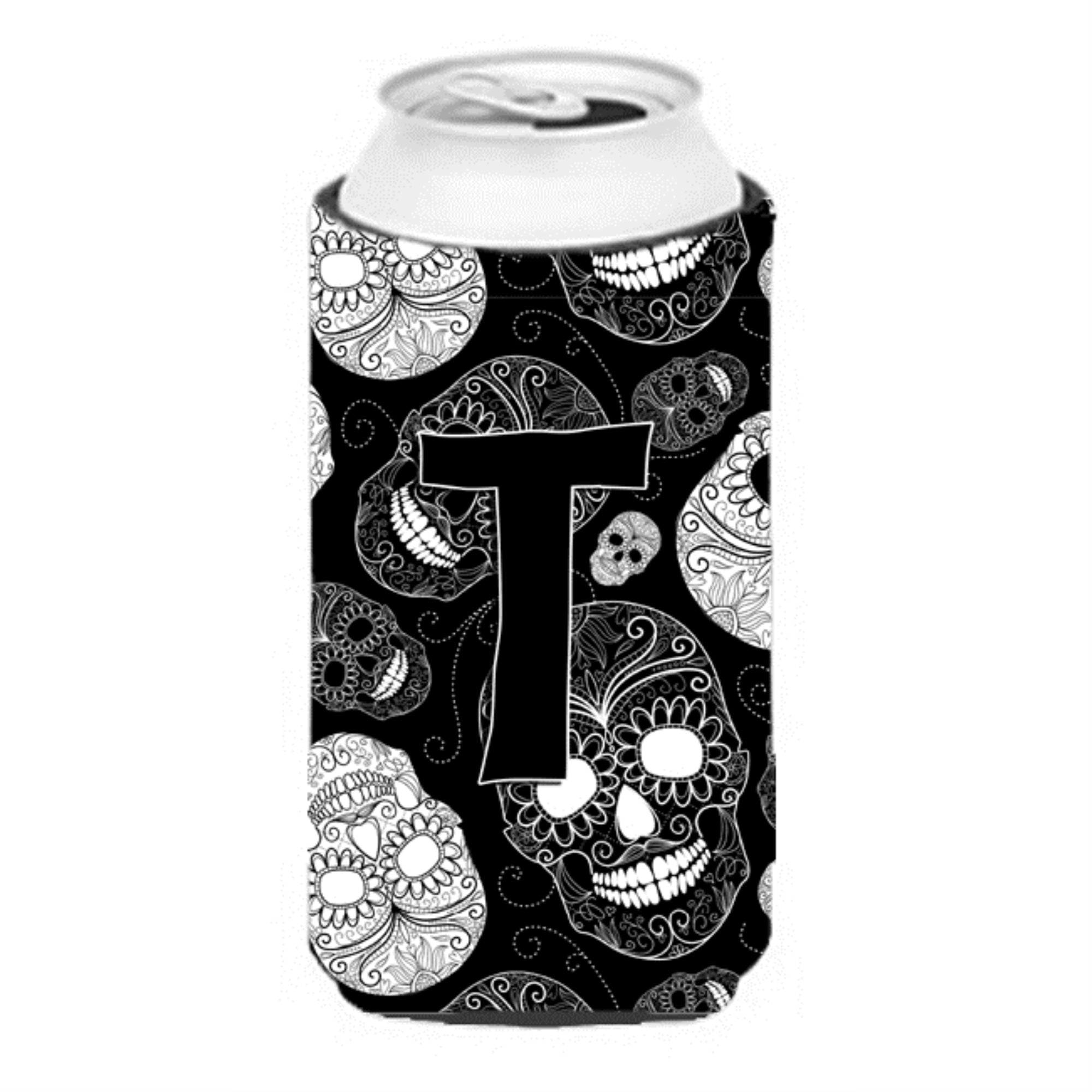 Letter T Day Of The Dead Skulls Black Tall Boy Beverage Insulator Hugger Cj2008-Ttbc