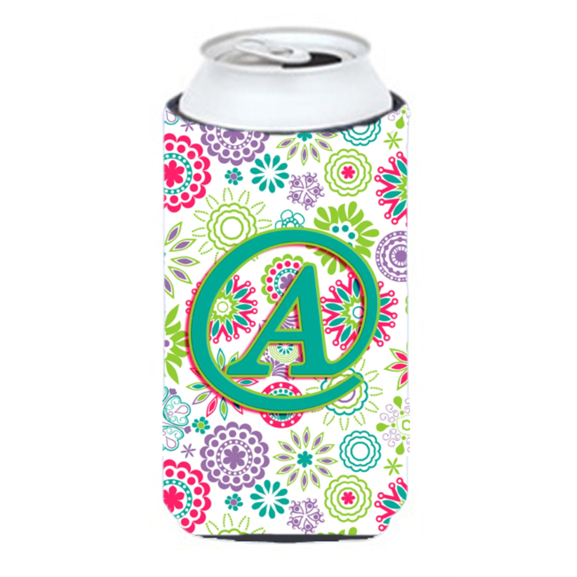 Letter A Flowers Pink Teal Green Initial Tall Boy Beverage Insulator Hugger Cj2011-Atbc