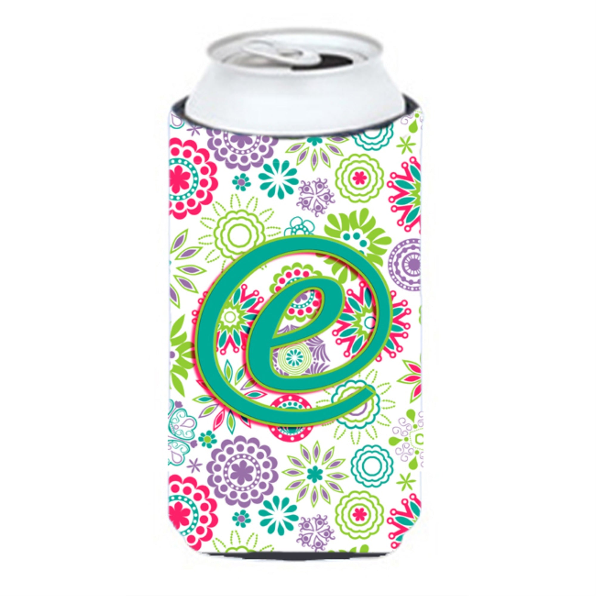 Letter E Flowers Pink Teal Green Initial Tall Boy Beverage Insulator Hugger Cj2011-Etbc