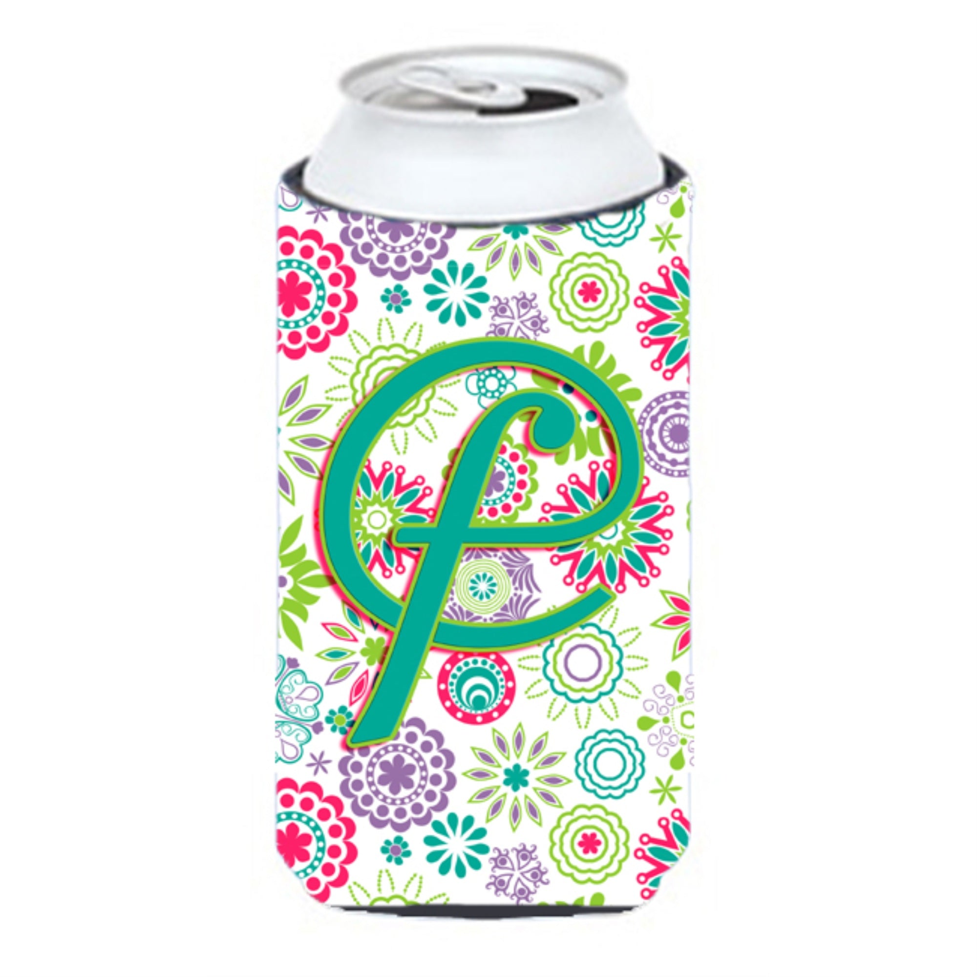 Letter F Flowers Pink Teal Green Initial Tall Boy Beverage Insulator Hugger Cj2011-Ftbc