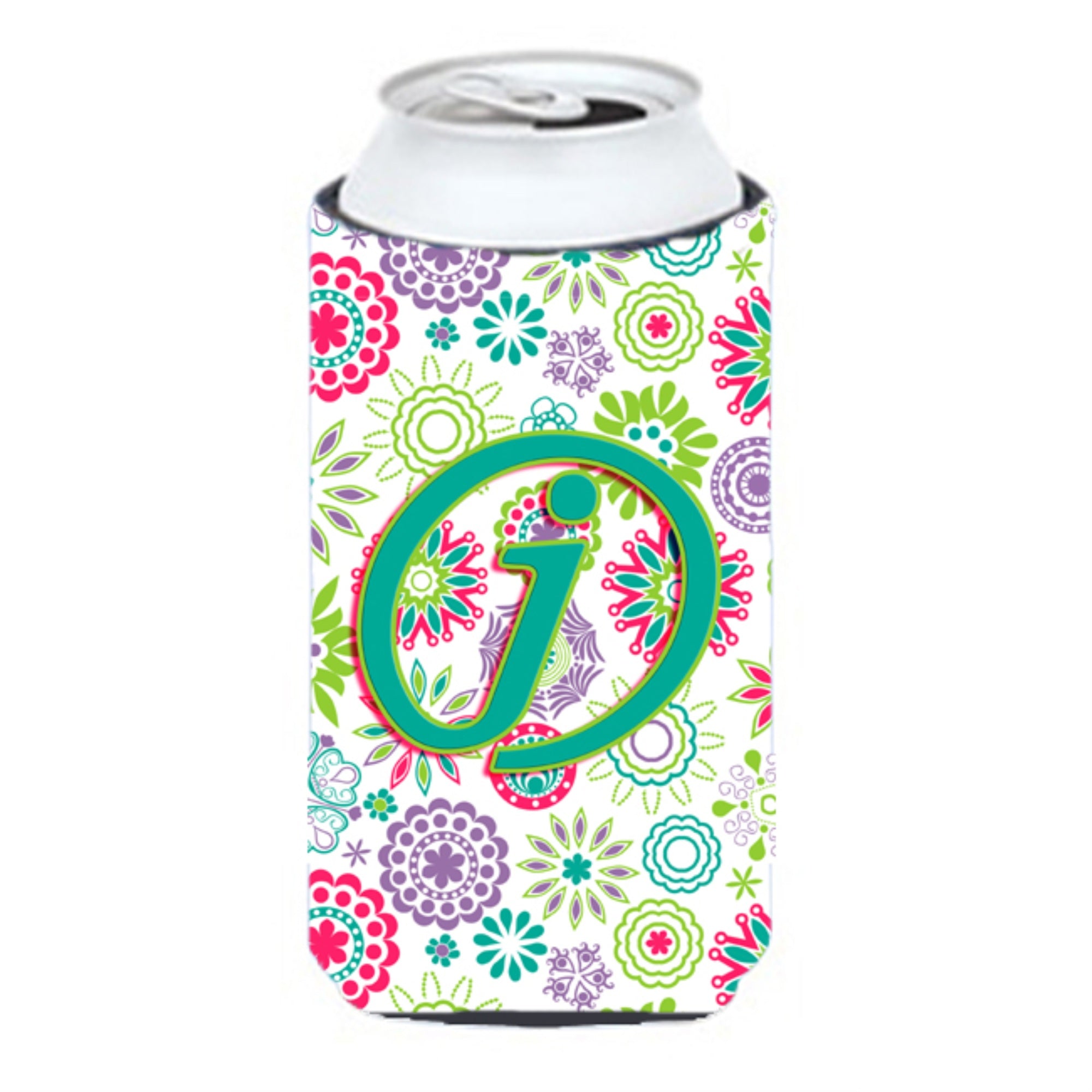 Letter J Flowers Pink Teal Green Initial Tall Boy Beverage Insulator Hugger Cj2011-Jtbc
