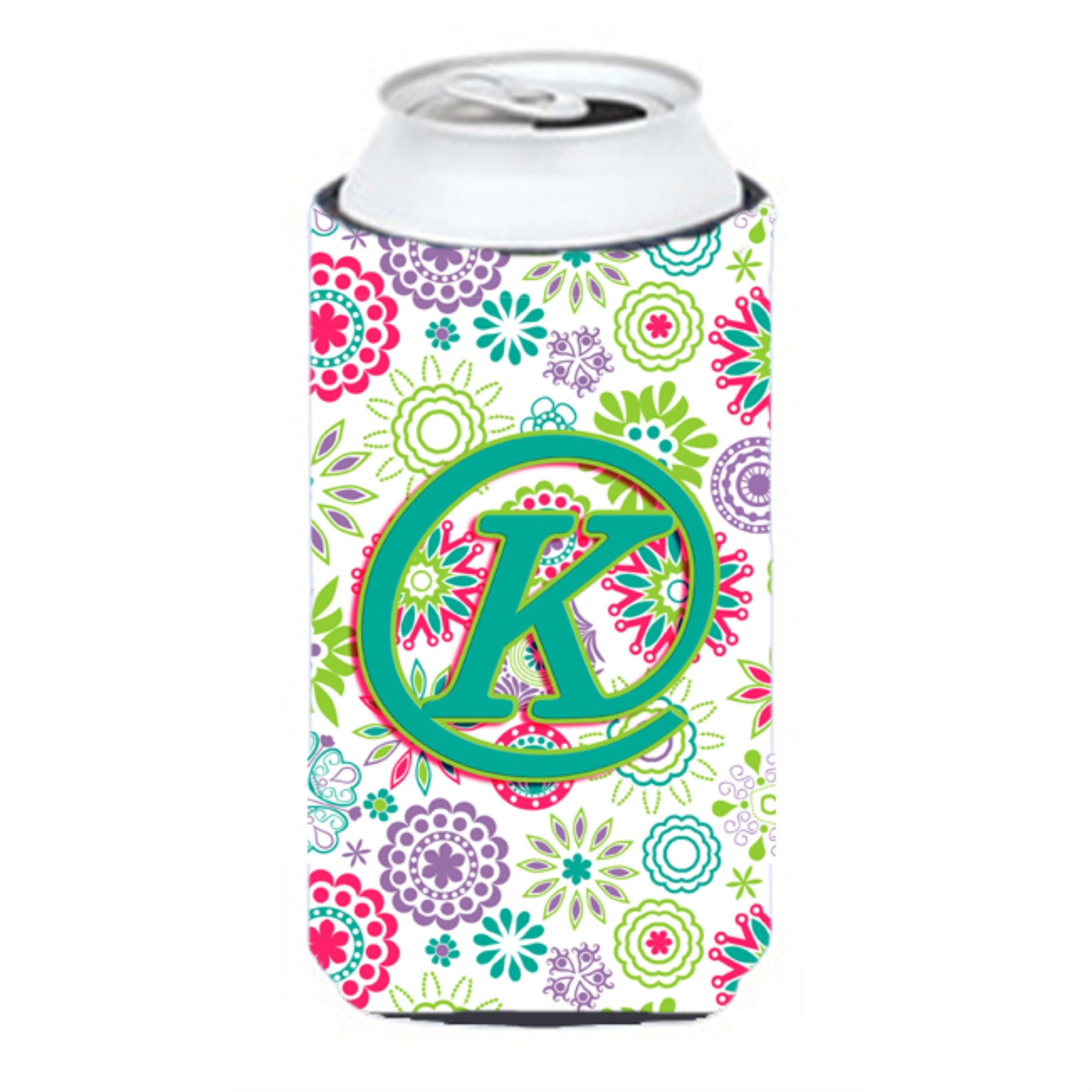Letter K Flowers Pink Teal Green Initial Tall Boy Beverage Insulator Hugger Cj2011-Ktbc