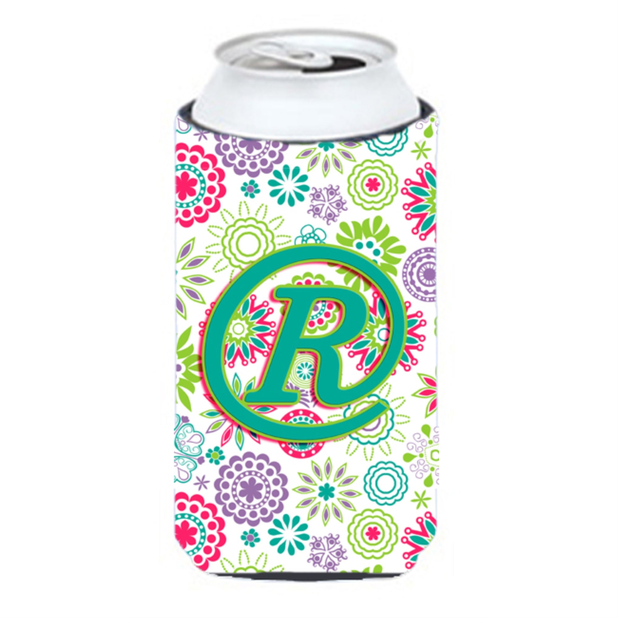 Letter R Flowers Pink Teal Green Initial Tall Boy Beverage Insulator Hugger Cj2011-Rtbc